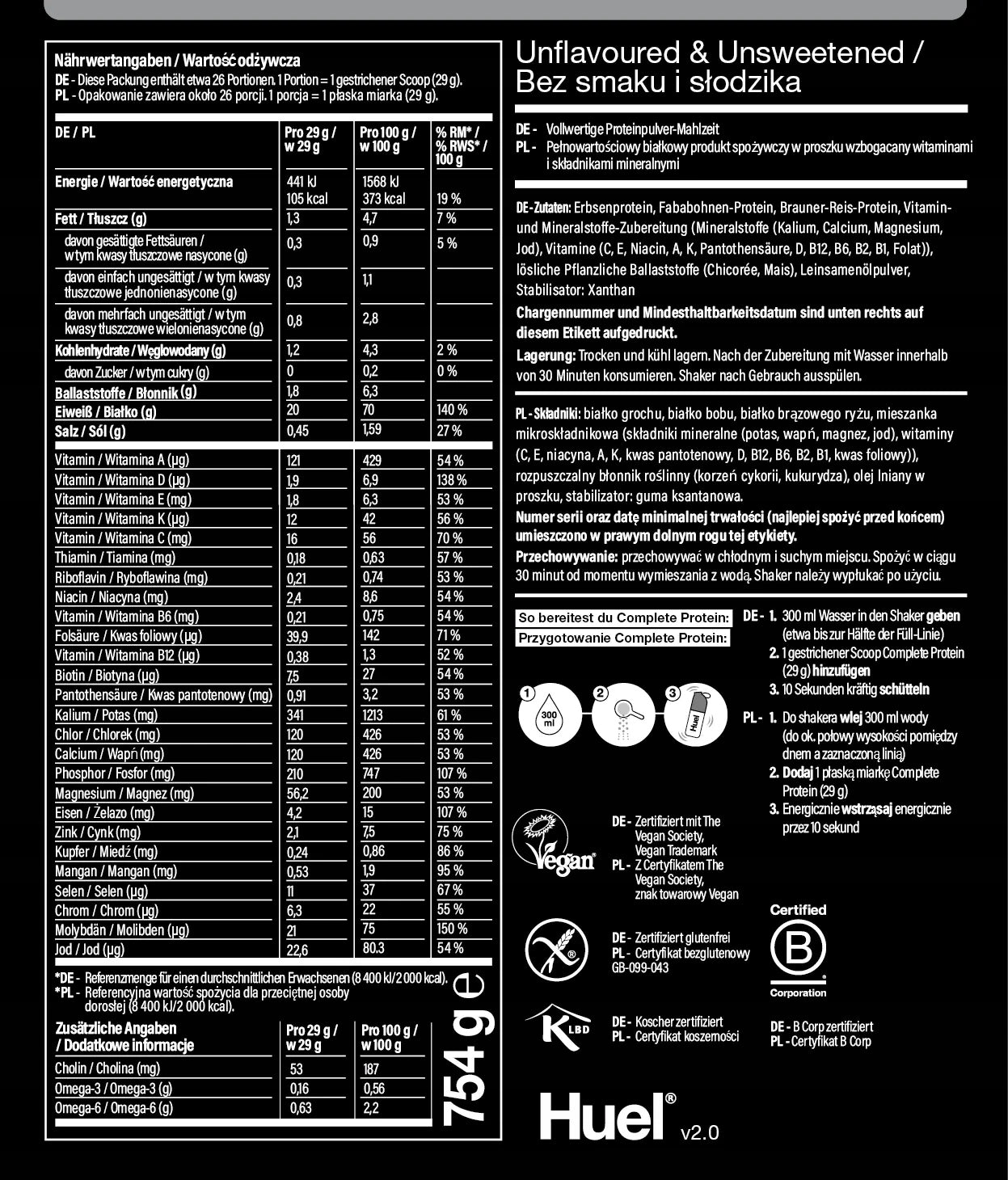 Huel Complete Protein - tasteless and sweetener + scoop - 26 servings Packaging status original