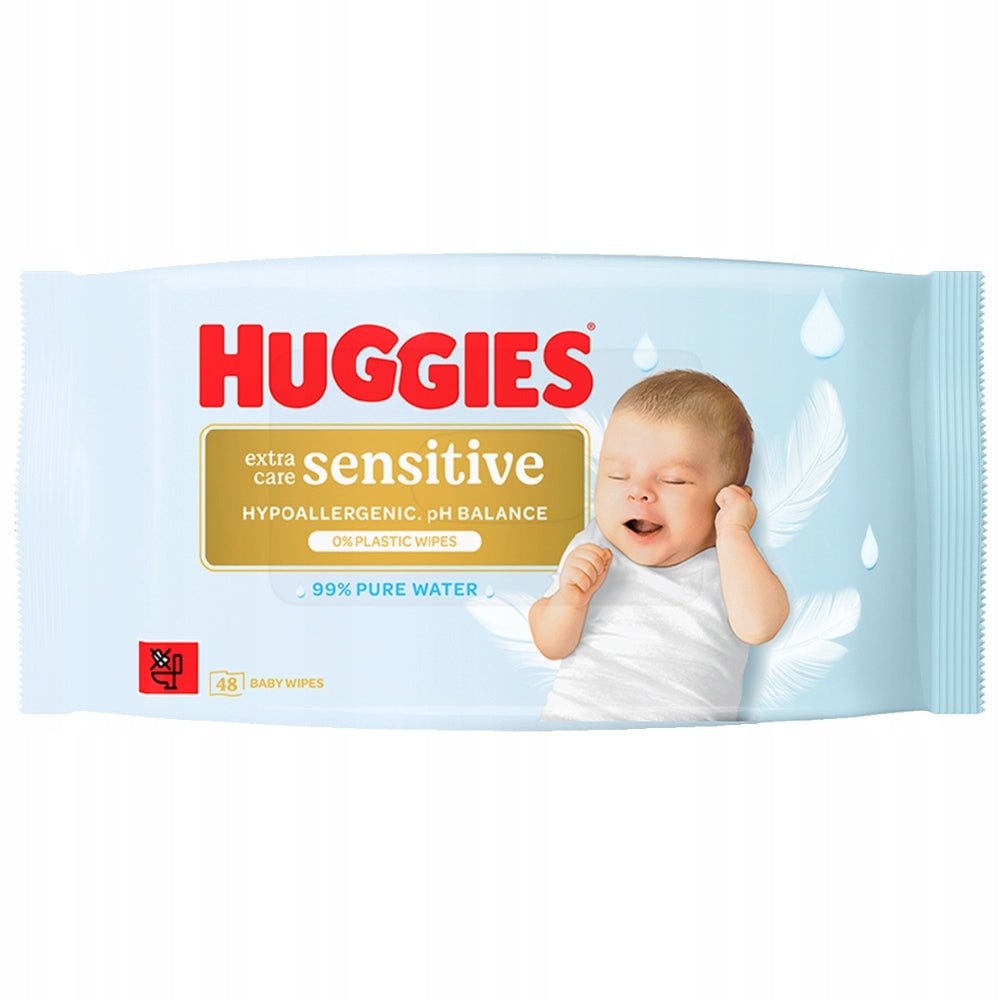 Huggies Extra Care Sensitive Wipes Moisturized 100% Plastic Free 48 Pack Packaging status original