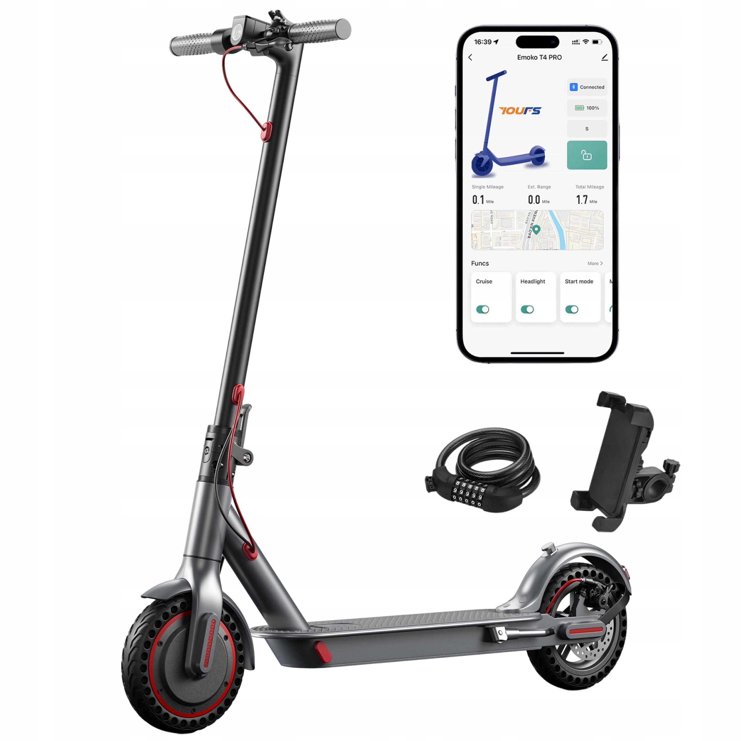 Hulajnoga Elektryczna Dla Dorosłych EMOKO T4 PRO 30 km, 350W 36V 10,4Ah APP