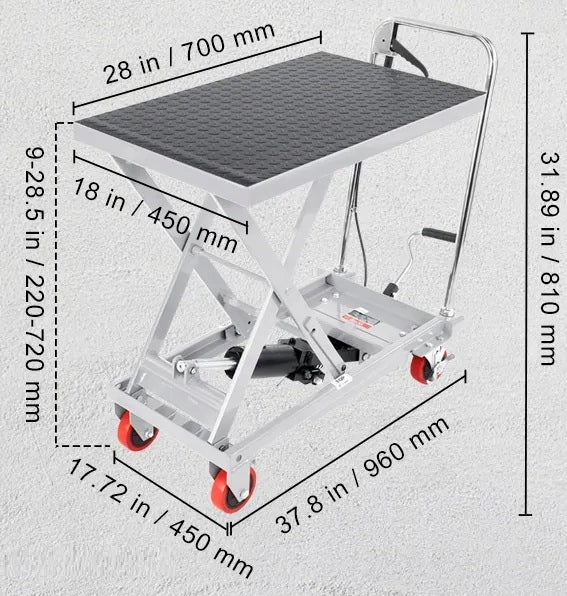 Hydraulic lifting table scissor 227 kg 72 cm on wheels silver warehouse Brand no brand