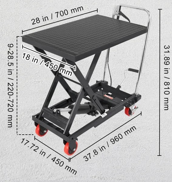 Hydraulic scissor lift table 227 kg 72 cm mobile black for warehouse Brand no brand