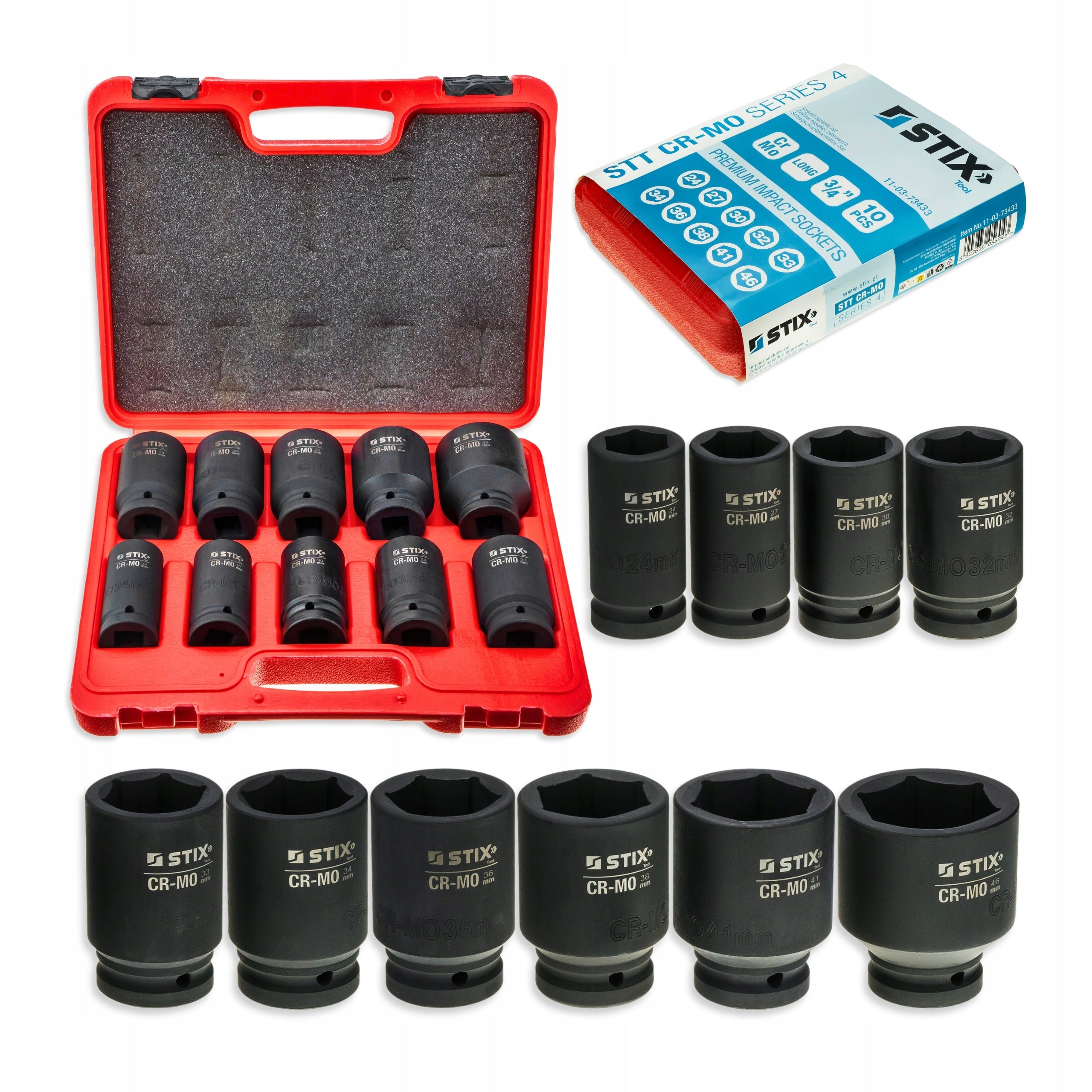 IMPACT CAPS SOCKET WRENCHES LONG 3/4 24-46MM CR-MO STIX SUITCASE 10PCS