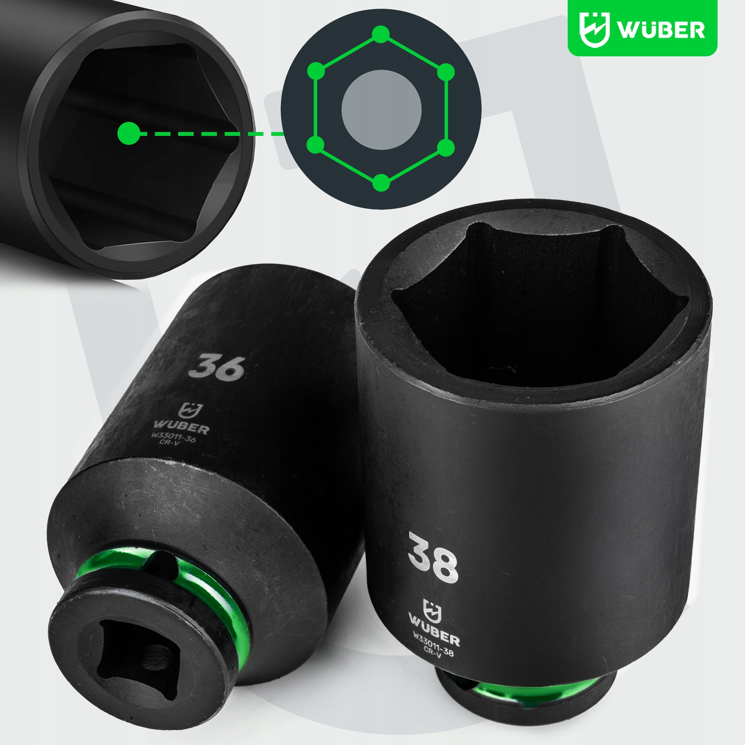 IMPACT SOCKET SET 20 PCS 1/2" 6-ANGLE DEEP LONG 10-38MM WUBER Number of items in the set 20