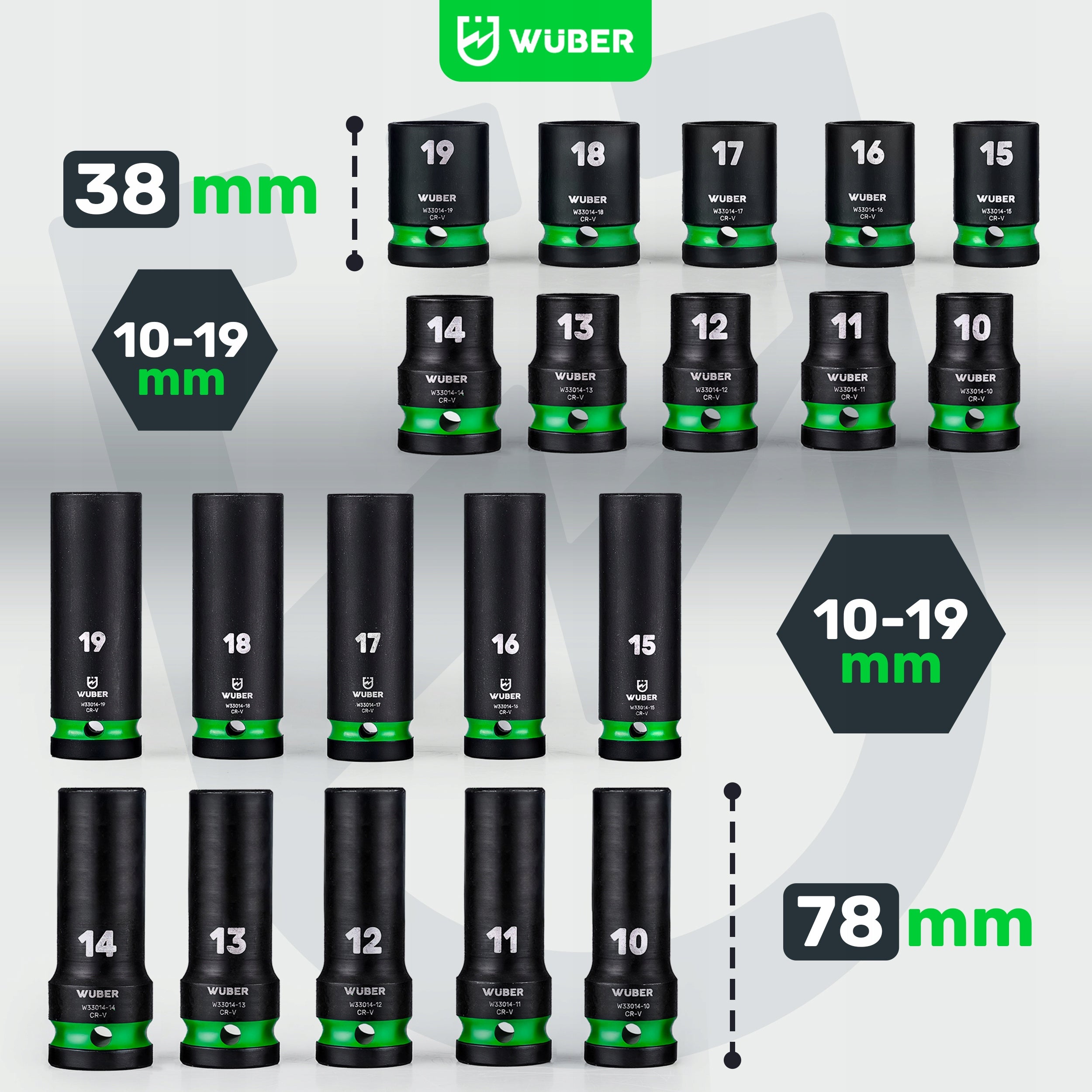 IMPACT SOCKET SET 20 PCS 1/2" 6-ANGLE LONG SHORT 10-19MM WUBER Brand Wuber