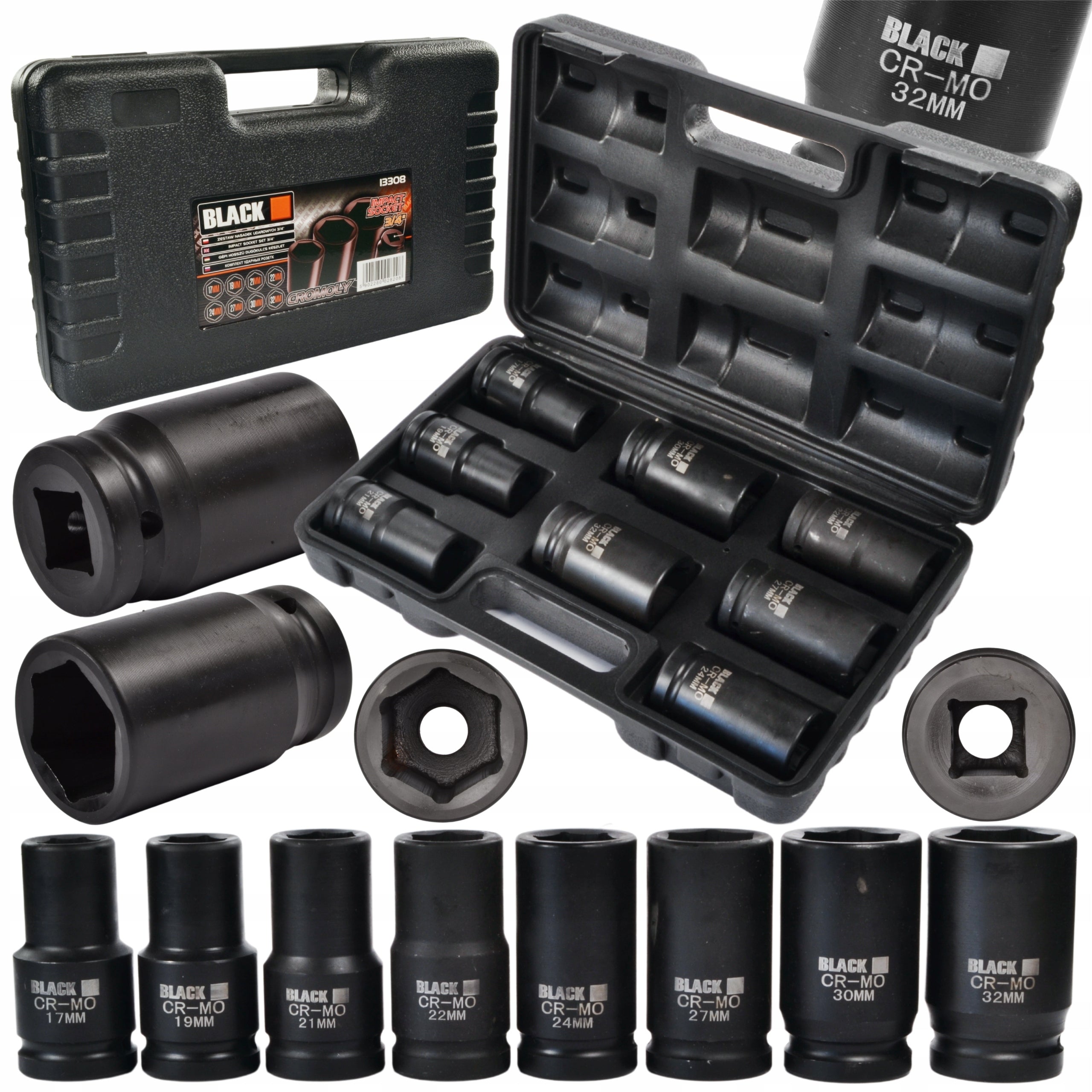 IMPACT SOCKET SET 3/4 CR-MO 17-32MM 8EL SUITCASE BLACK