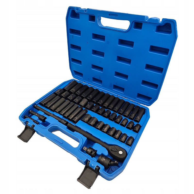 IMPACT SOCKET SET 3/8" SAE + mm RATCHET EXTENSION SUITCASE 50EL
