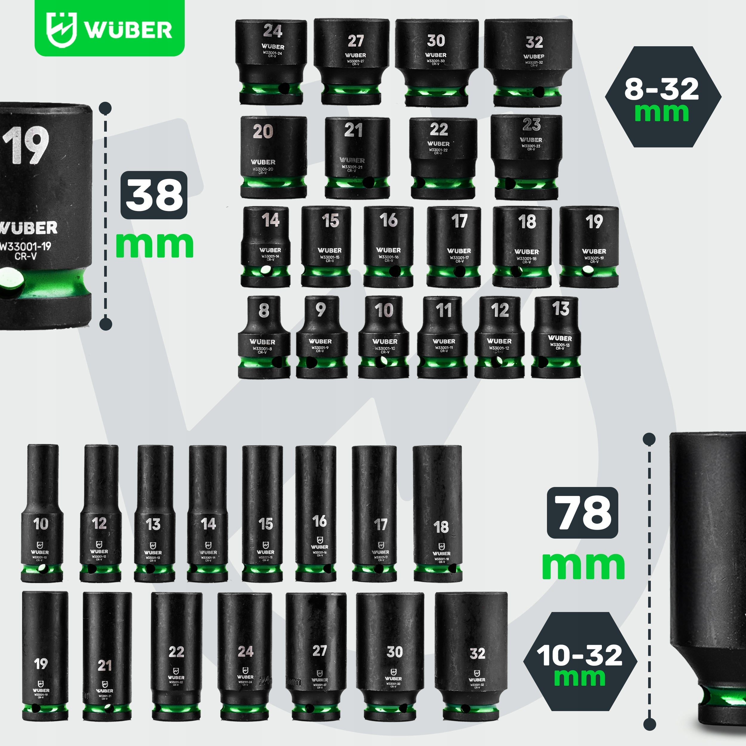 IMPACT SOCKET SET 35 PCS 1/2" 6-ANGLE SHORT LONG 8-32MM CR-V++ Number of items in the set 35