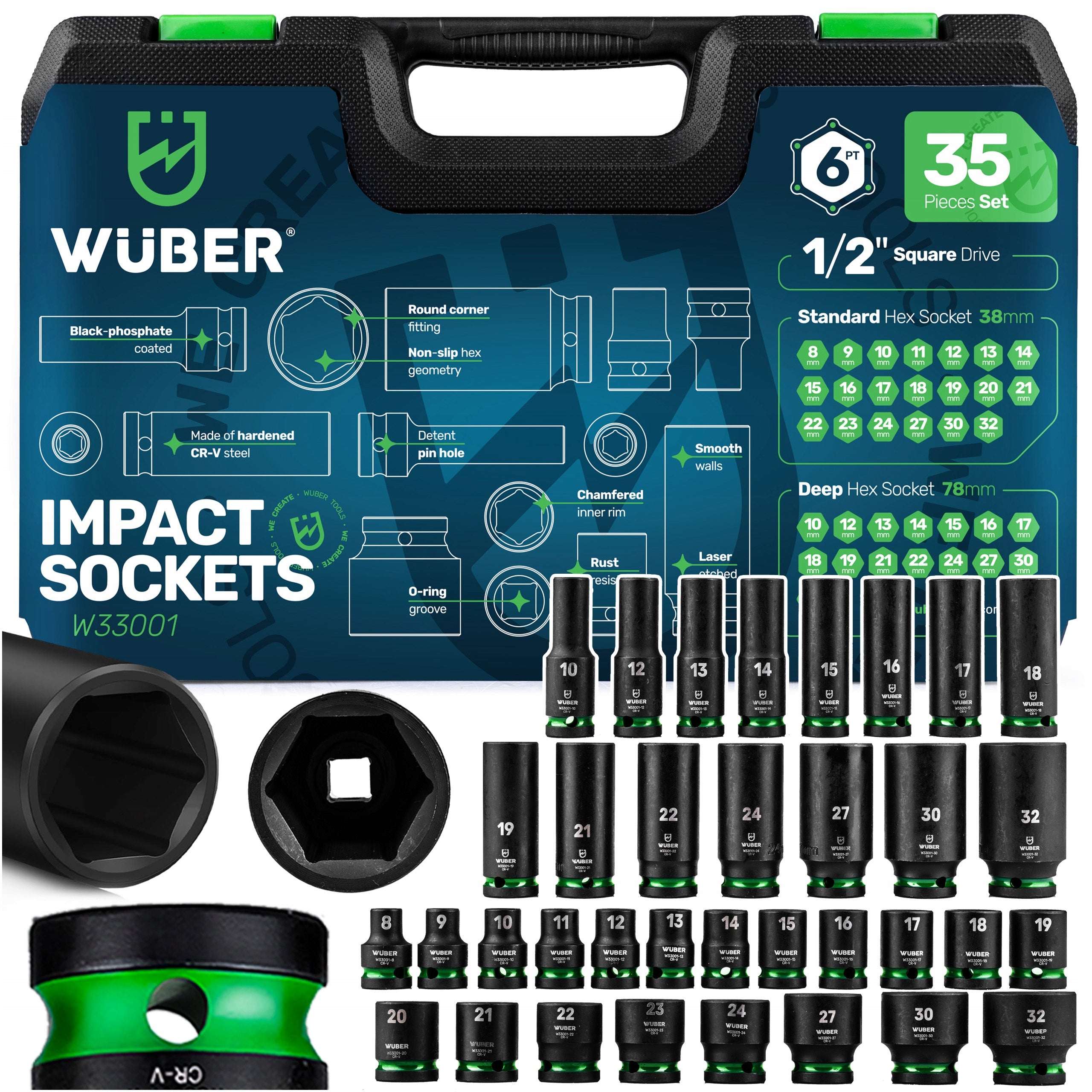 IMPACT SOCKET SET 35 PCS 1/2" 6-ANGLE SHORT LONG 8-32MM CR-V++