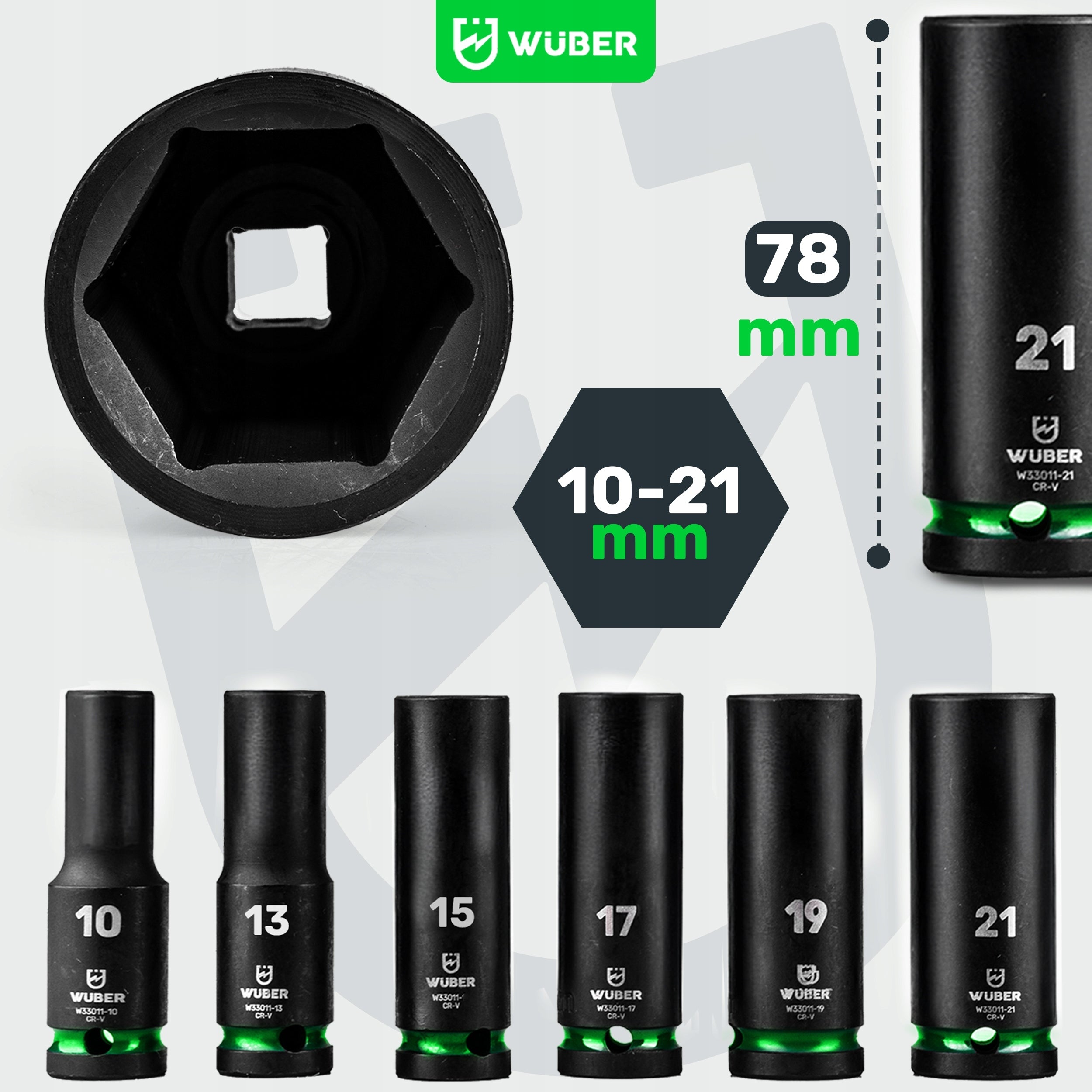 IMPACT SOCKET SET 6 PCS 1/2" 6-ANGLE LONG CAPS 10-21MM WUBER Manufacturer code W33007 ZESTAW NASADEK UDAROWYCH 6 SZT WUBER