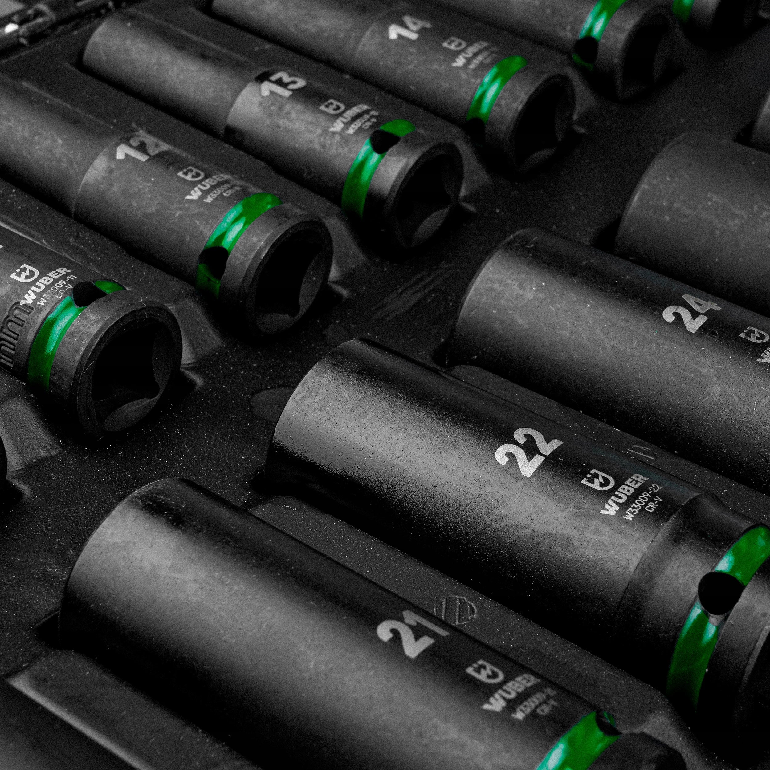 IMPACT SOCKET SET FOR WRENCH 16 PCS 1/2'' LONG 8-32 MM CR-V SUITCASE Brand Wuber
