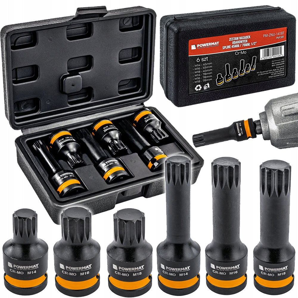 IMPACT SOCKETS SPLINE 1/2 CR-MO 6pcs M14 M16 M18 FOR SCREWS 45mm 78mm SUITCASE