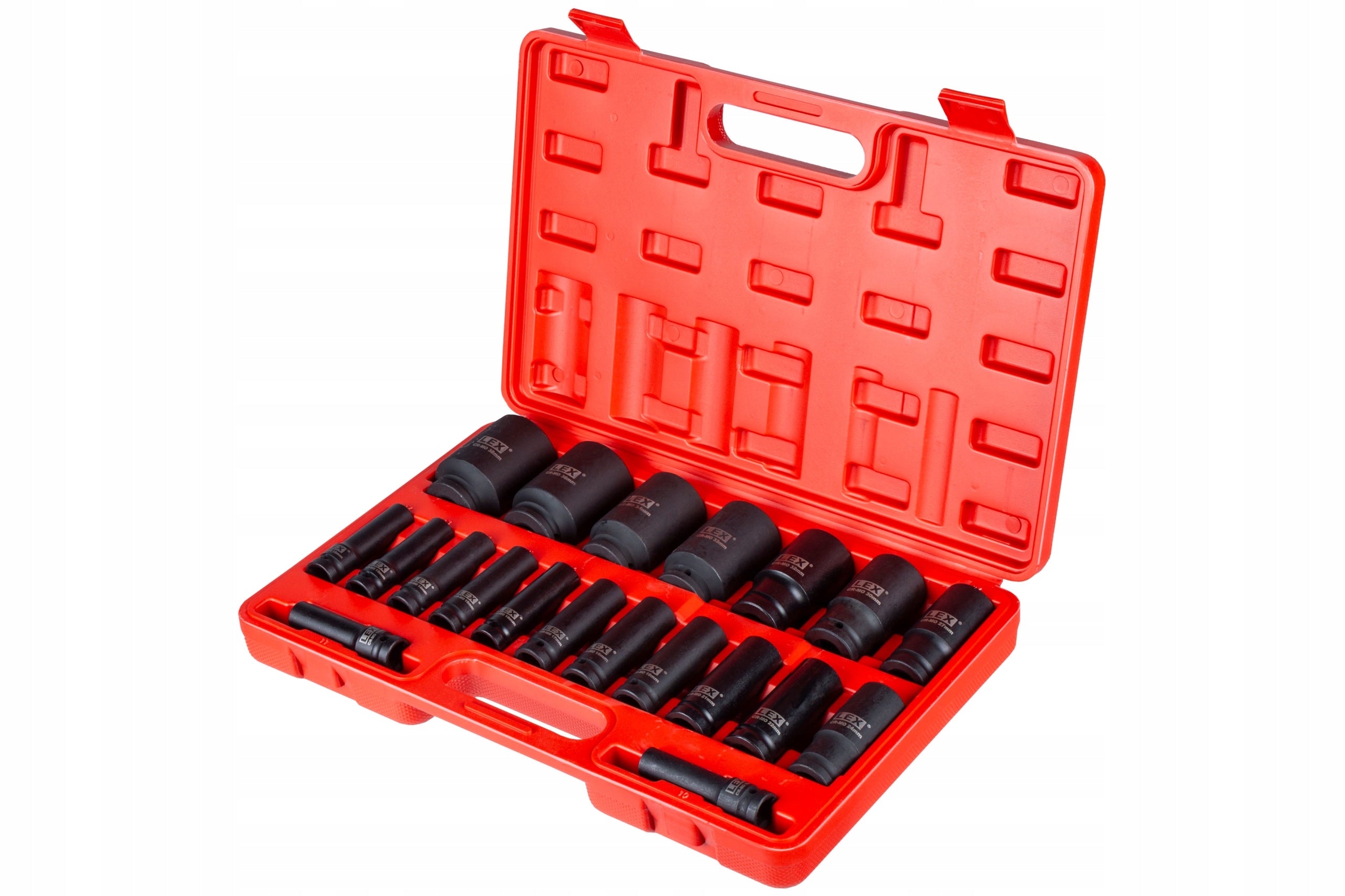 IMPACT SOCKETS set 10-38 mm 1/2 inch STEEL CrMo SOCKET SET 20 pieces Manufacturer code LEX zestaw nasadek udarowych 1/2" 20 szt.