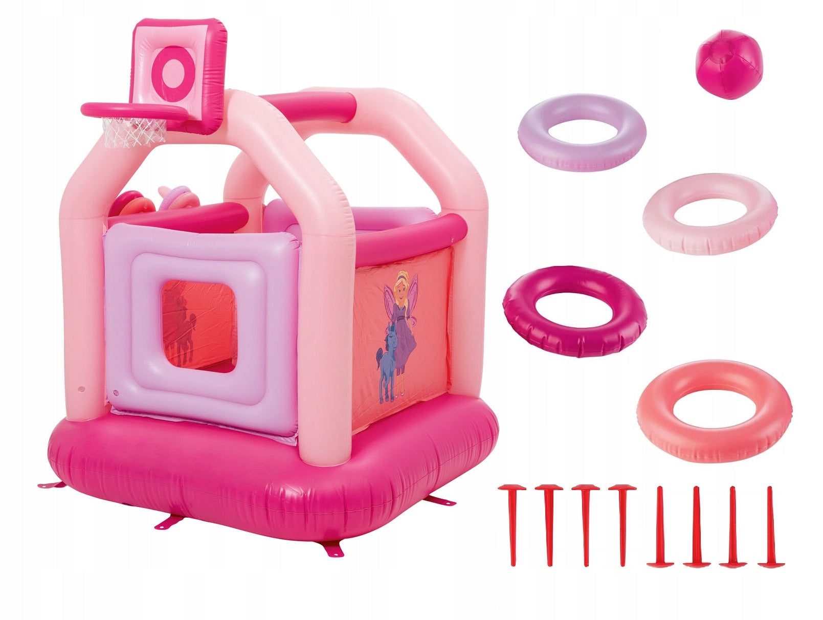 INFLATABLE CASTLE TRAMPOLINE SQUARE TOYS BASKETBALL PLAYTIVE PINK Included basketball hoop