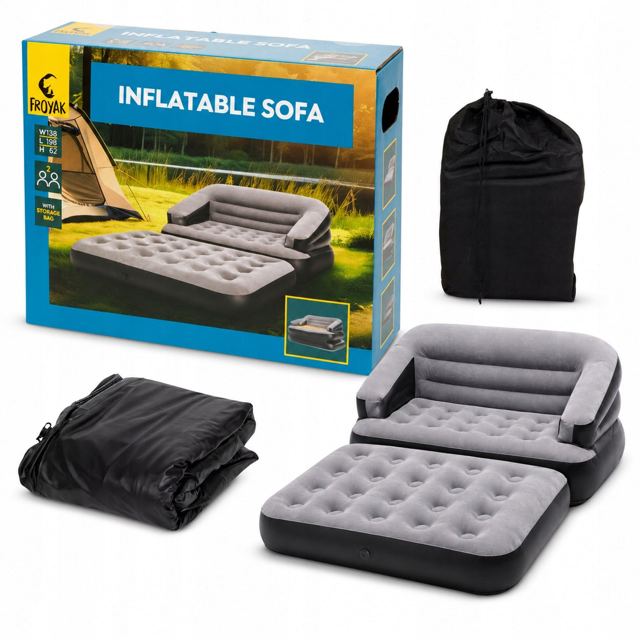 INFLATABLE MATTRESS 2 SEATER GARDEN SOFA 198x138x62 GREY FOR PLOT DEPARTURE
