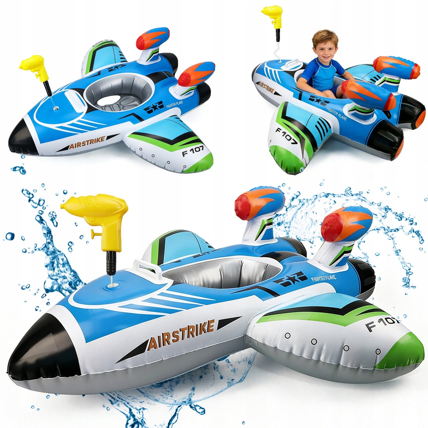 INFLATABLE MATTRESS AIRPLANE POOL TOY WITH WATER GUN 108*105CM