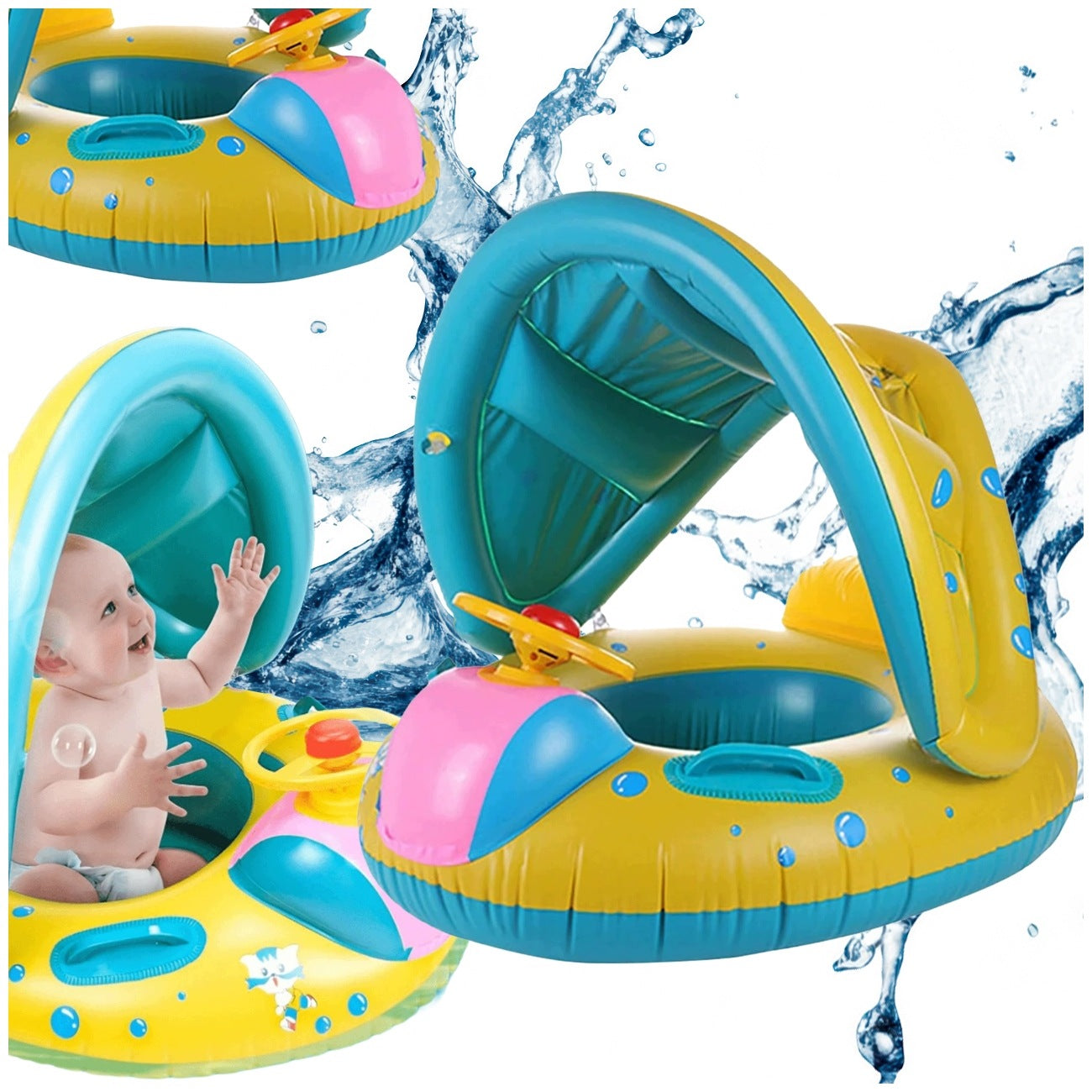 INFLATABLE PONTOON FOR KIDS WITH VISOR SWIMMING WHEEL BOAT FOR KIDS