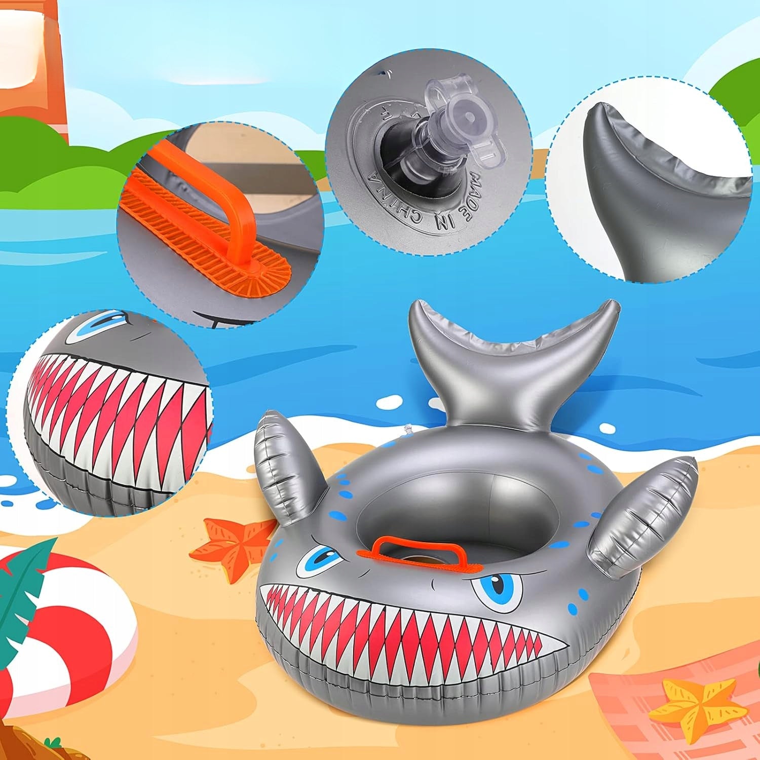 INFLATABLE PONTOON WHEEL FOR KIDS WITH WATER SWIMMING SEAT SHARK HANDLE Maximum load 70 kg