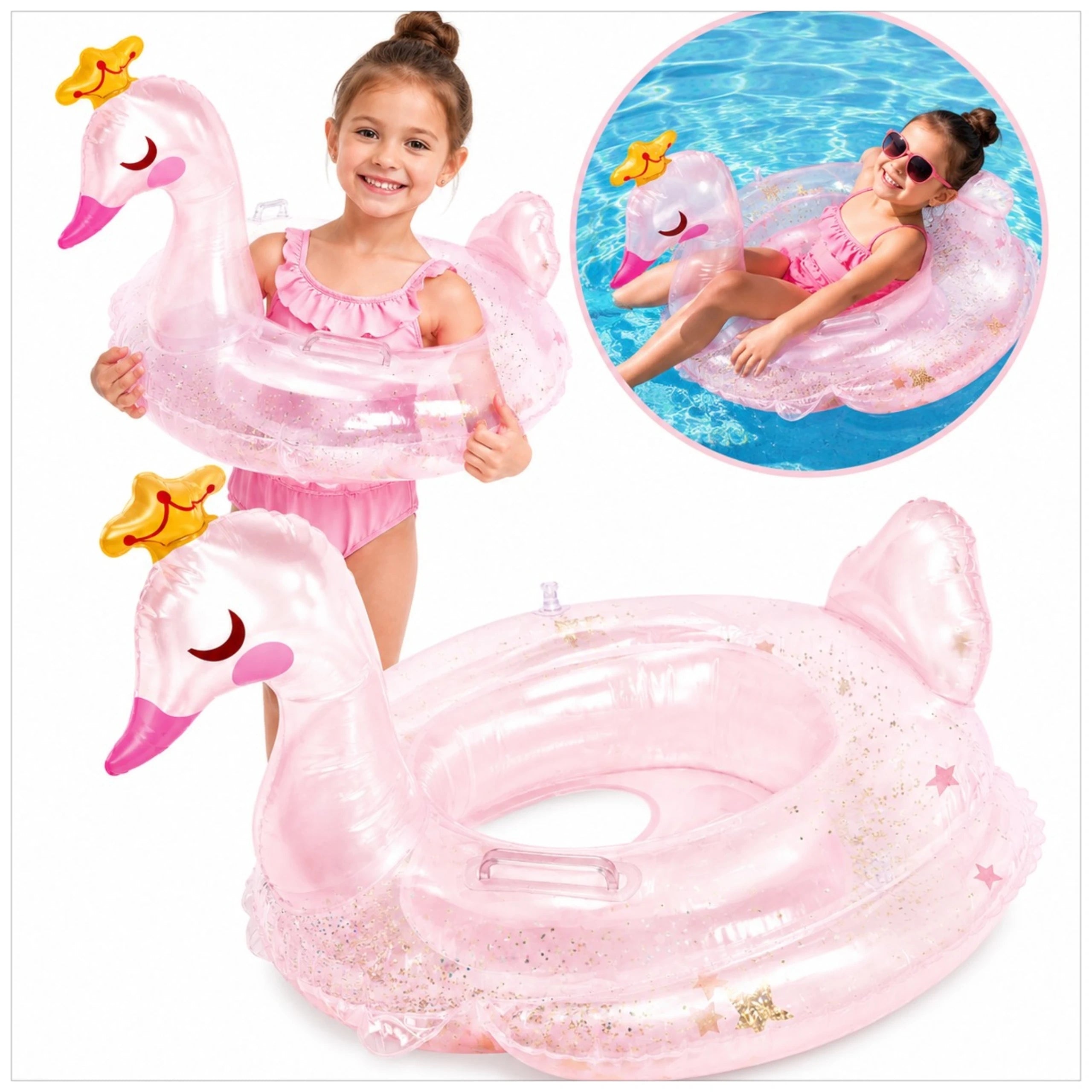 INFLATABLE SWAN SWIMMING WHEEL INFLATABLE WITH GLITTER FOR KIDS HANDLES Manufacturer code 5907419788718