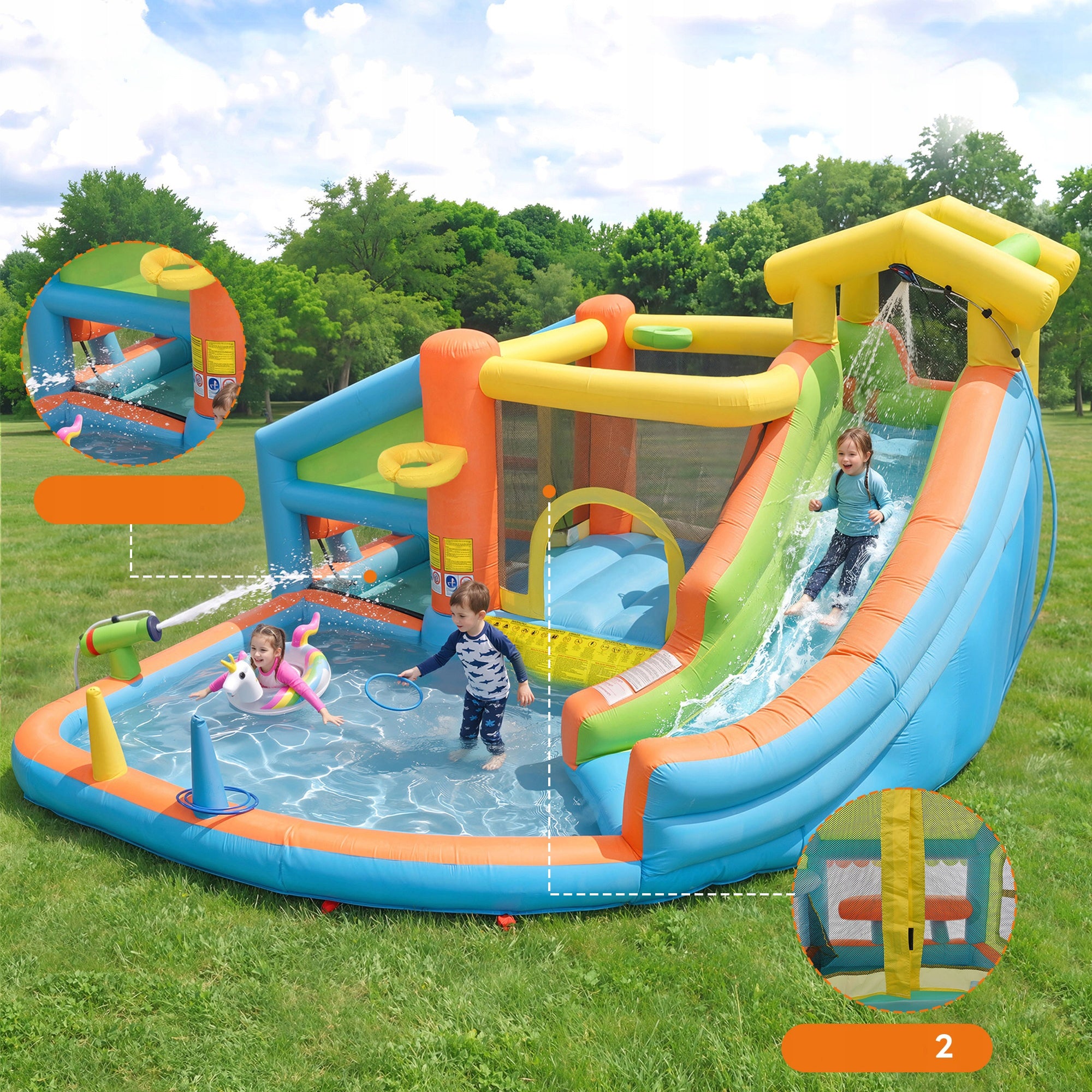 INFLATABLE WATER PARK FOR KIDS SLIDE OBSTACLE COURSE BLOWER CANNON Kid's age 3+ years