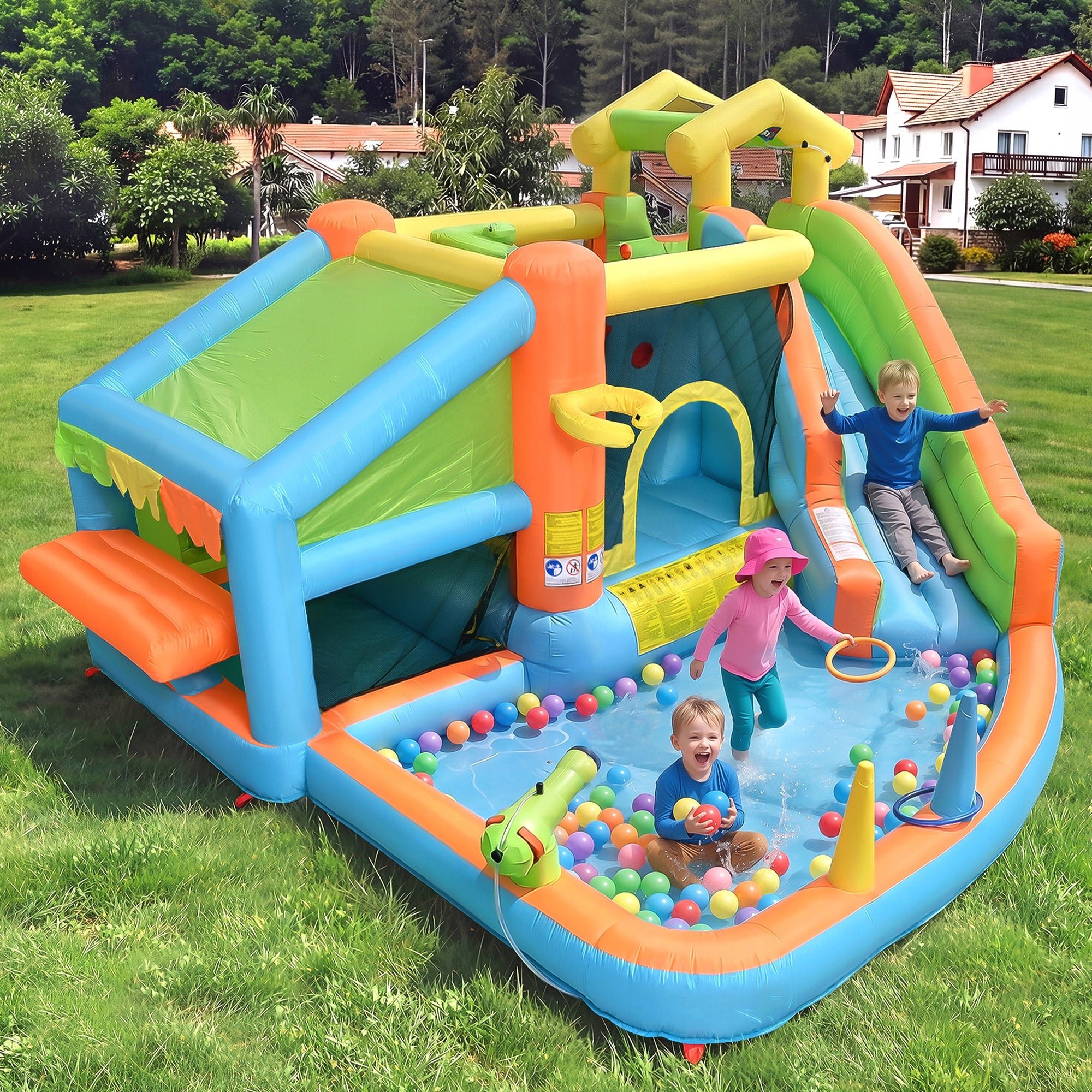 INFLATABLE WATER PARK FOR KIDS SLIDE OBSTACLE COURSE BLOWER CANNON Packaging status original