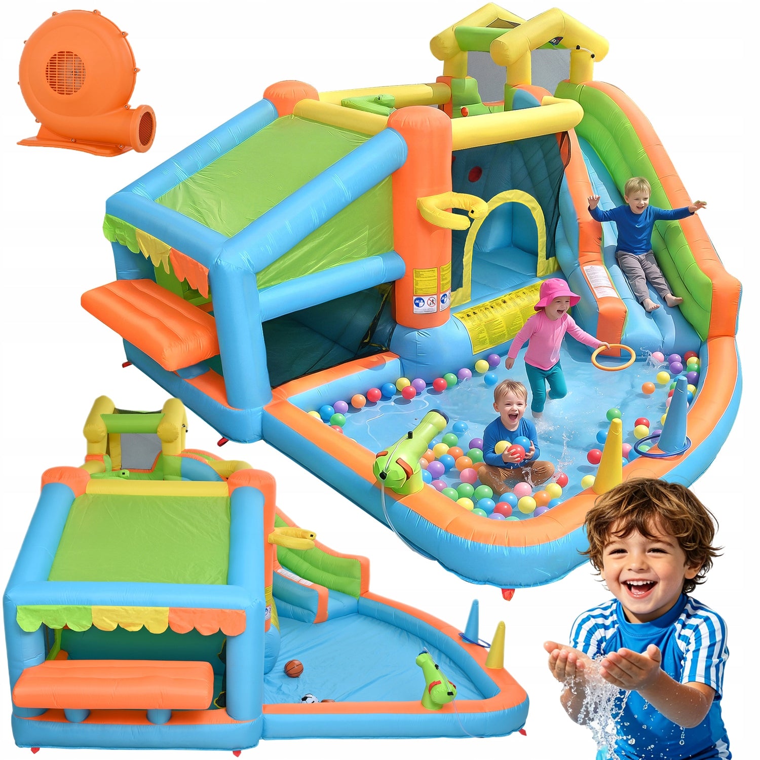 INFLATABLE WATER PARK FOR KIDS SLIDE OBSTACLE COURSE BLOWER CANNON