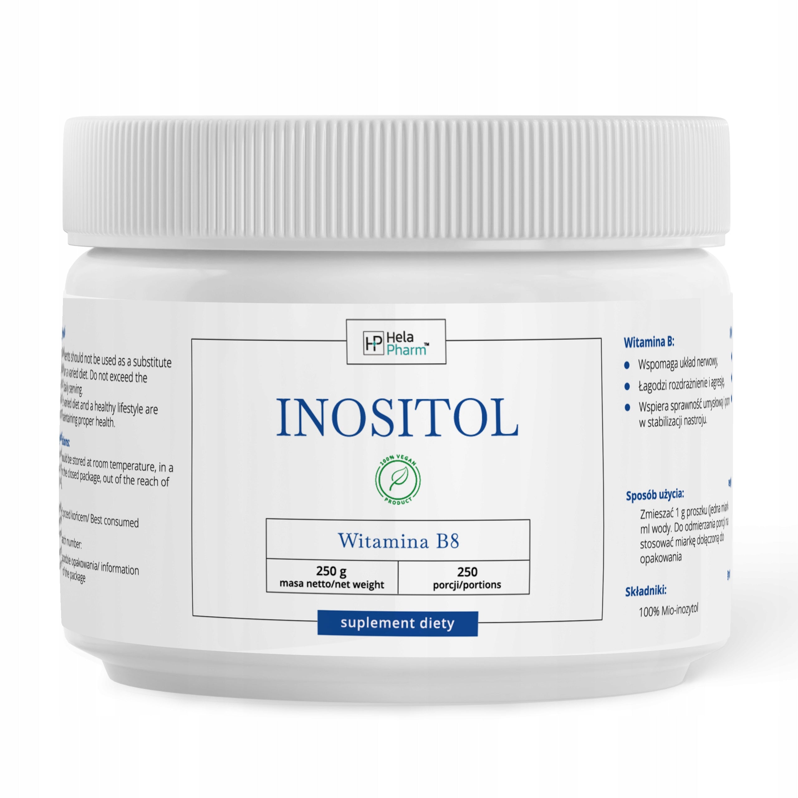 INOSITOL 100% Powder Vitamin B8 NERVOUS SYSTEM 250g VEGE Manufacturer code INOSITOL 100% w proszku Witamina B8 250g