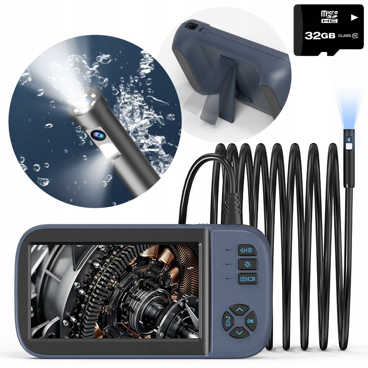 INSPECTION CAMERA ENDOSCOPE DUO 8mm SCREEN 4.5" HD 10m 32GB SD IP67 8 LED
