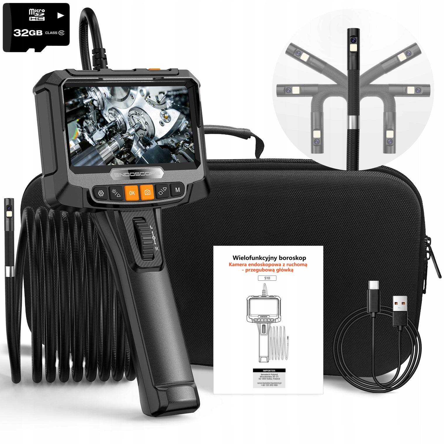 INSPECTION CAMERA ENDOSCOPE DUO MOVABLE HEAD 360° 1.5m 4LED 32GB SD IP67
