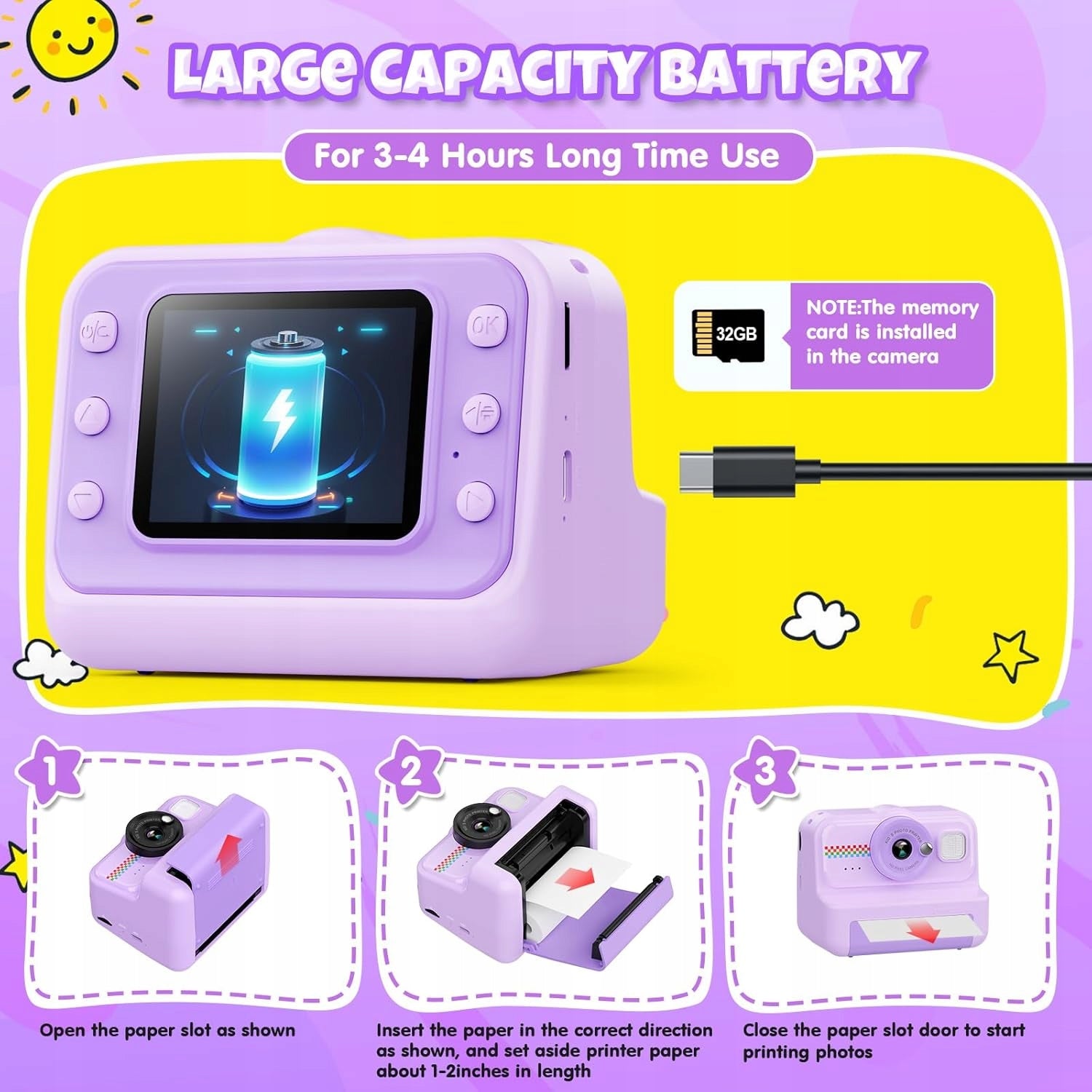 INSTANT CAMERA 3 ROLLS OF PAPER CARD SD 32GB PURPLE Manufacturer code APARAT FOTOGRAFICZNY NATYCHMIASTOWY NA PAPIER