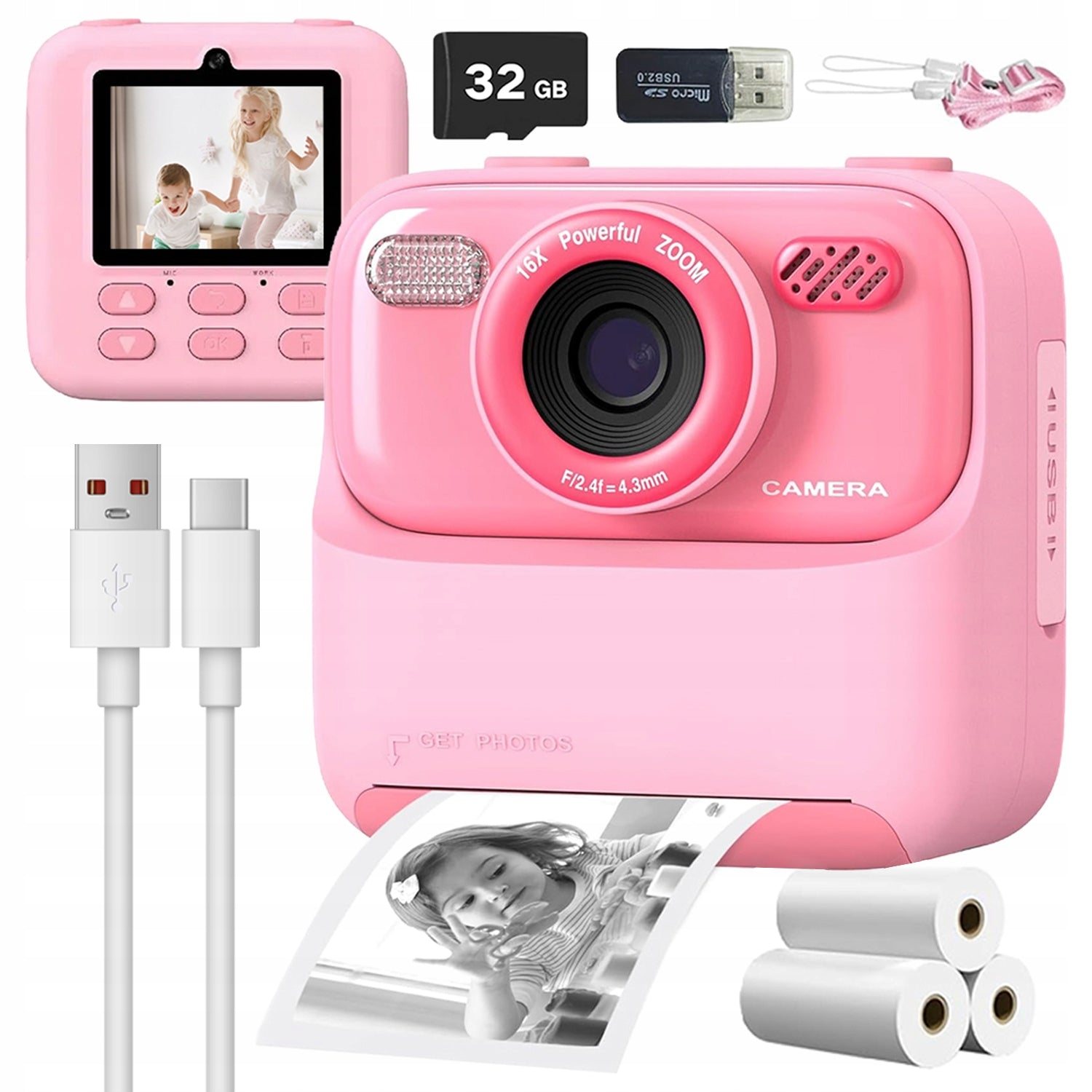 INSTANT CAMERA FOR CHILDREN MINI PRINTER + 3 ROLLS + 32GB CARD