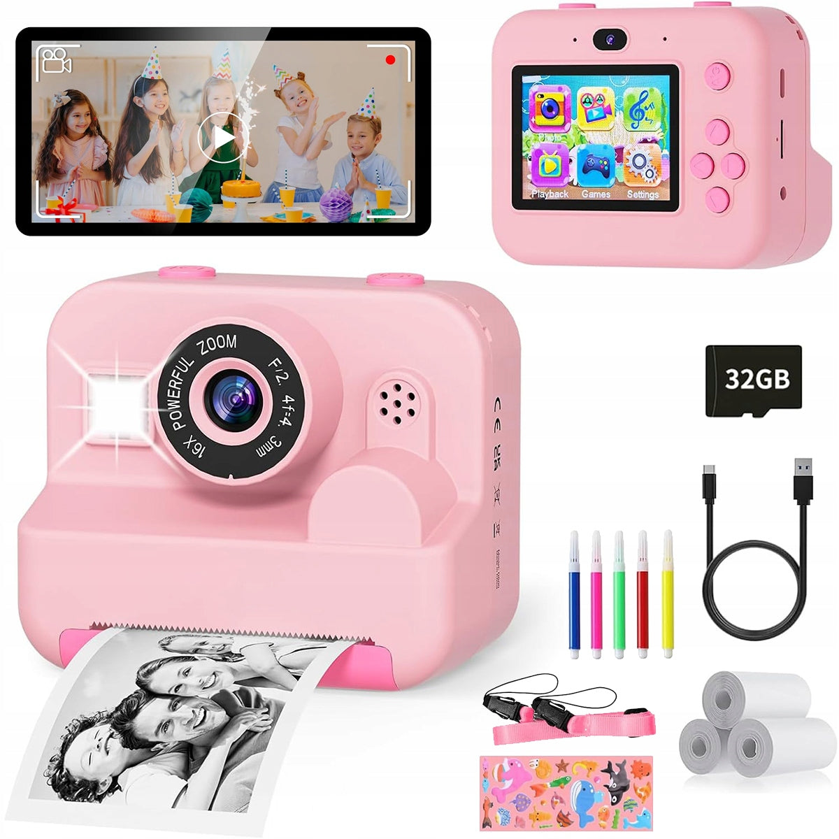 INSTANT CAMERA FOR CHILDREN PRINTER WITH 32GB CARD + 3 ROLLS