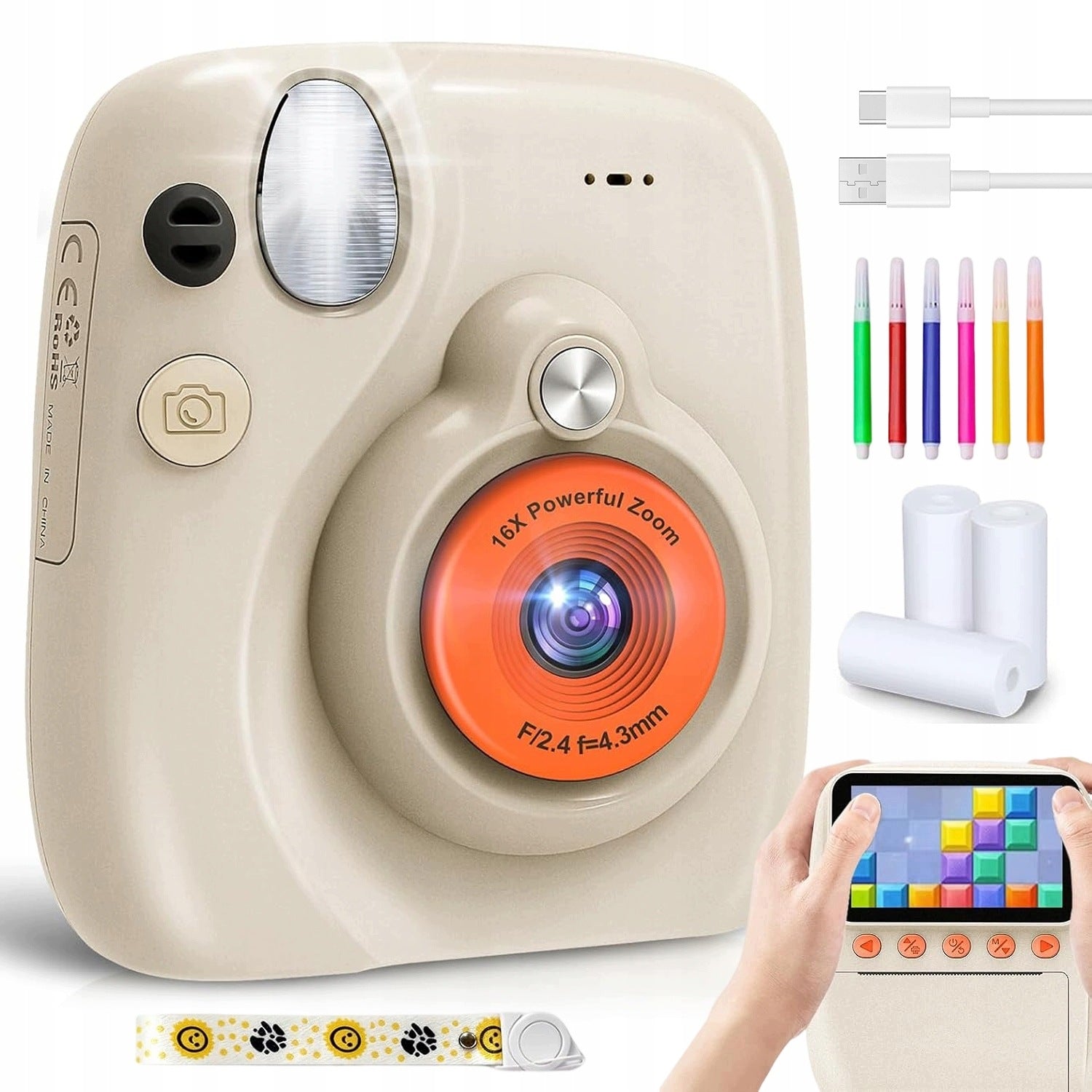 INSTANT CAMERA WITH 32GB CARD 6 COLORED PENS AND NECK STRAP