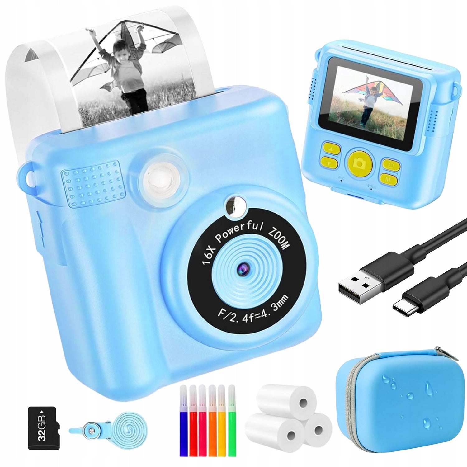 INSTANT CAMERA WITH DIGITAL PRINTER FOR CHILDREN + 3 ROLLS + 32GB CARD