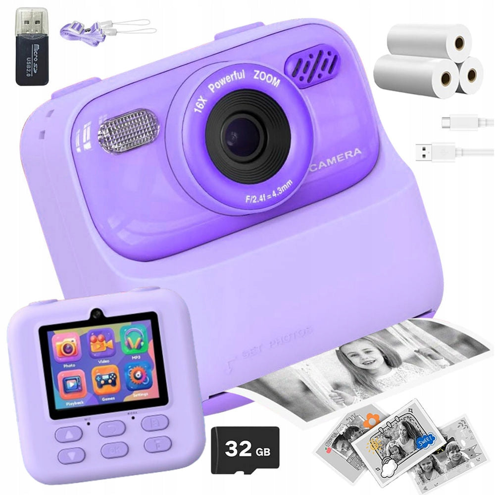 INSTANT DIGITAL CAMERA FOR CHILDREN WITH GAME PRINTER +32GB CARD +3 ROLL