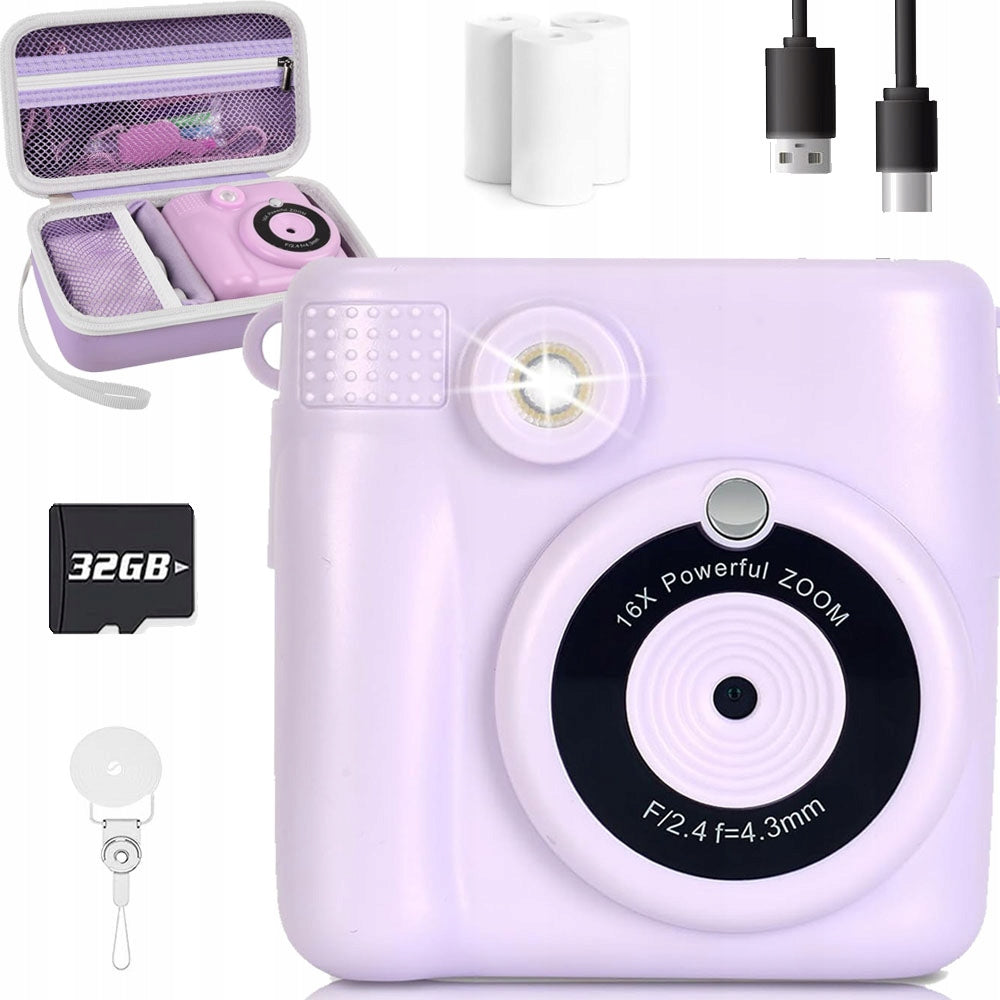 INSTANT DIGITAL CAMERA FOR CHILDREN WITH PRINTER + 32GB CARD + 3 ROLLS