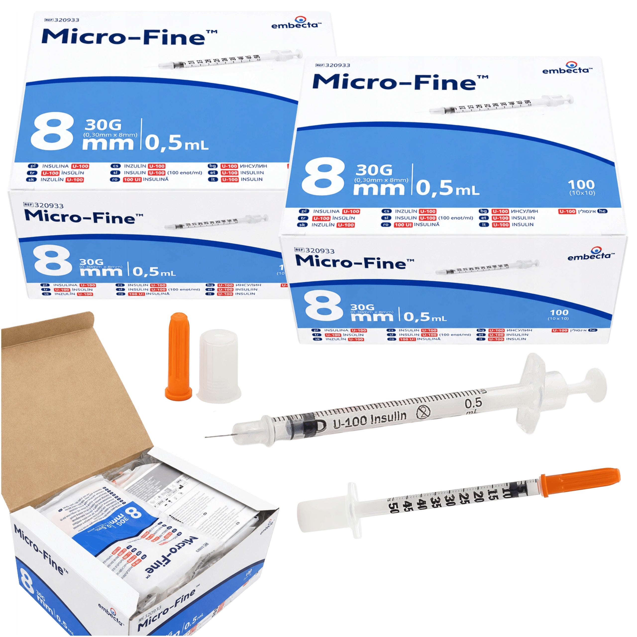 INSULIN SYRINGE U100 combined with needle 0,5ml 0,3x8mm MICRO-FINE 100pcs