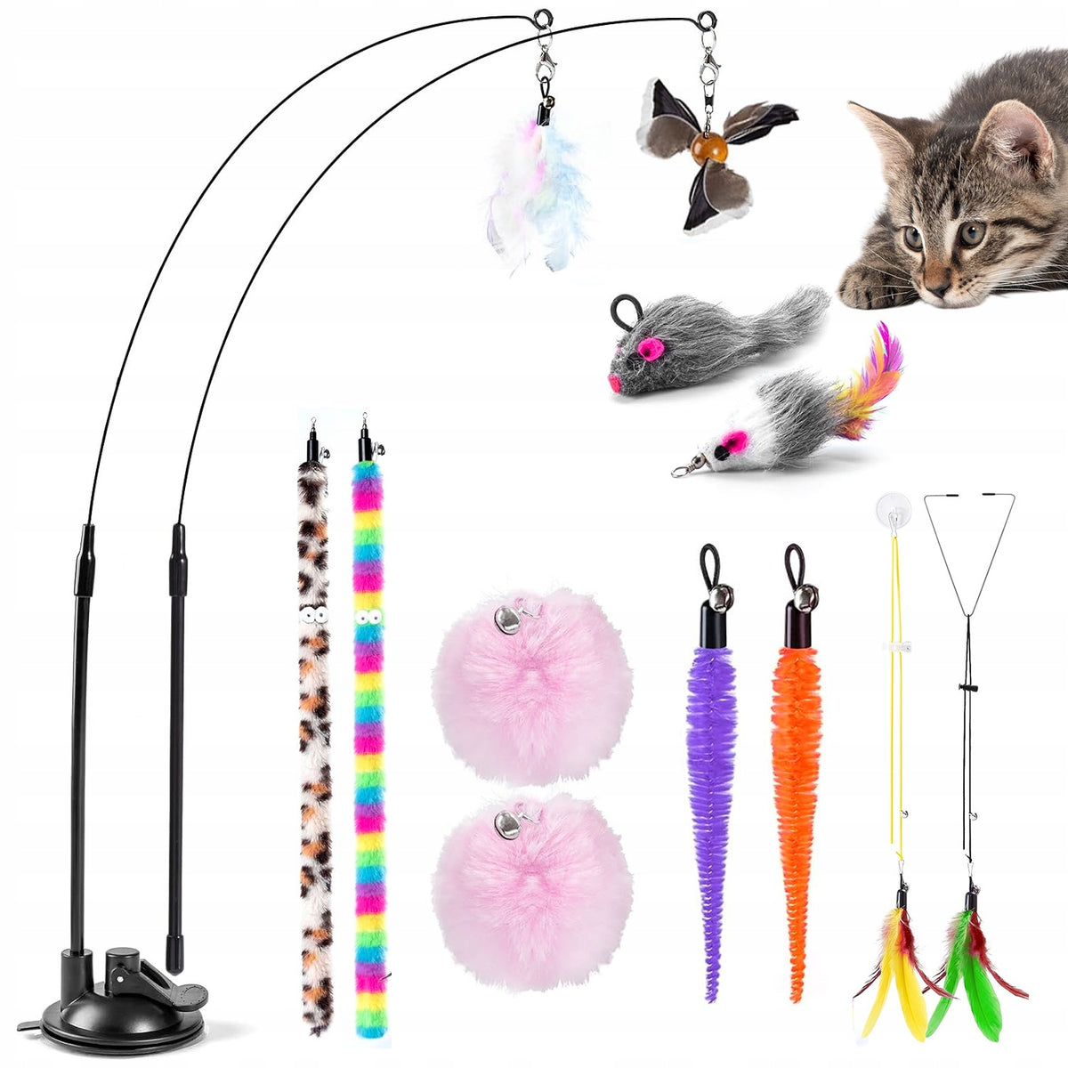 INTERACTIVE CAT TOY FISHING ROD WITH TIPS 17PCS