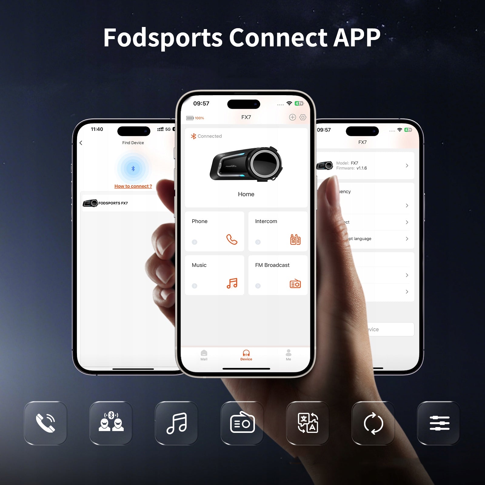 INTERCOM Fodsports FX7 MMESH SYSTEM BT5.4 for 10 MOTORCYCLISTS DUAL CORE+FM Manufacturer's catalog number FX7