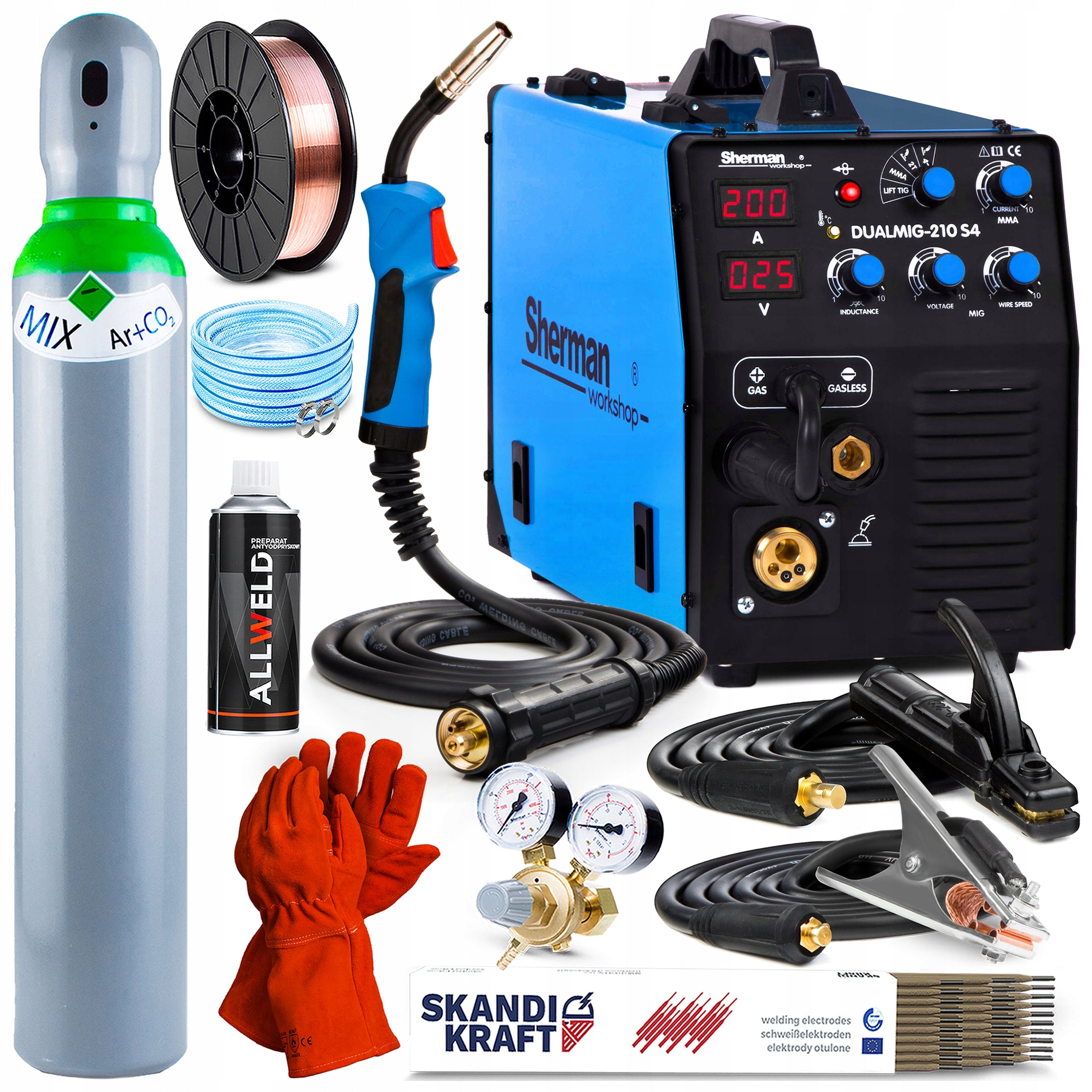 INVERTER WELDING MACHINE SHERMAN MIG 210 S4 MAG MMA TIG 230V 200A IGBT FLUX 3IN1