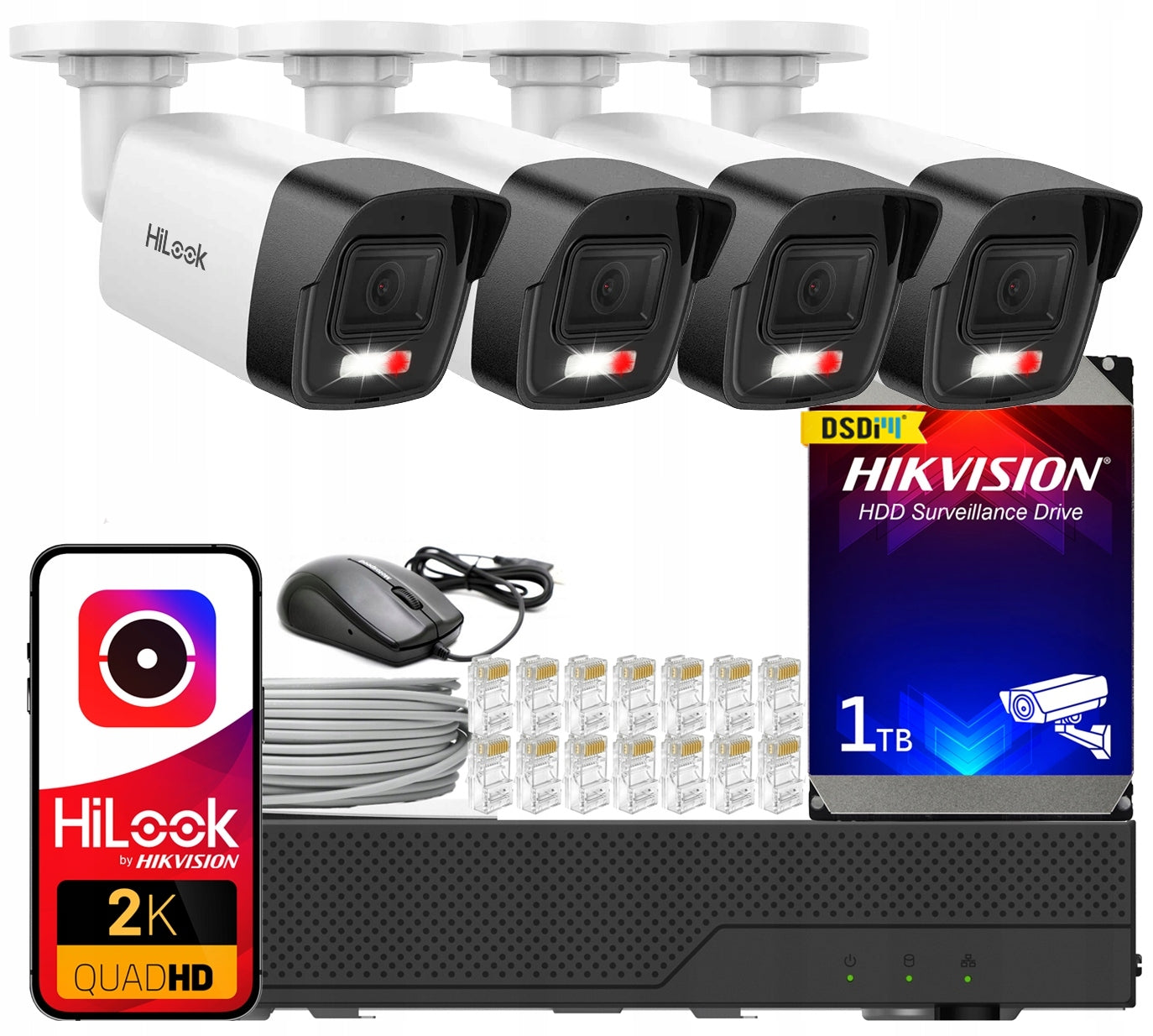 IP Monitoring Kit Hikvision HiLook 4MPx 4 Cameras 2K PoE Recorder