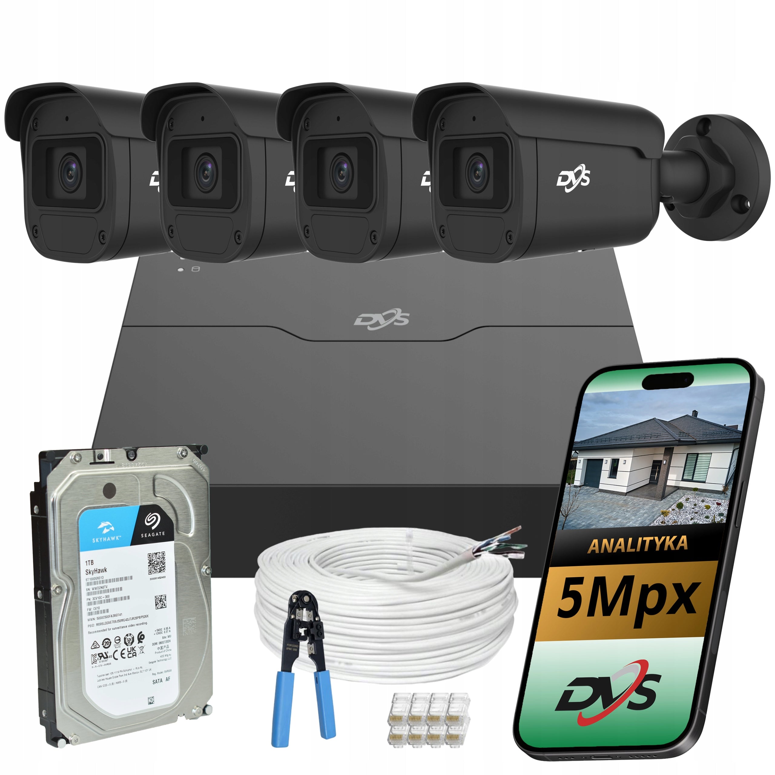 IP PoE Monitoring Kit 4 Cameras 5Mp External Home Detection App
