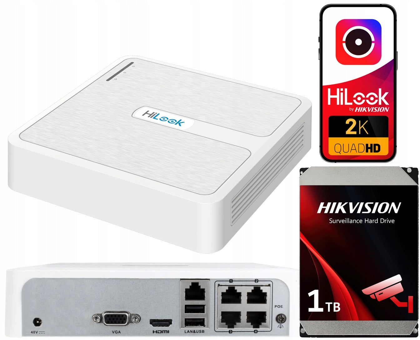 IP recorder NVR-4CH-H/4P 4x PoE up to 6Mpx + HDD 1TB HILOOK HIKVISION