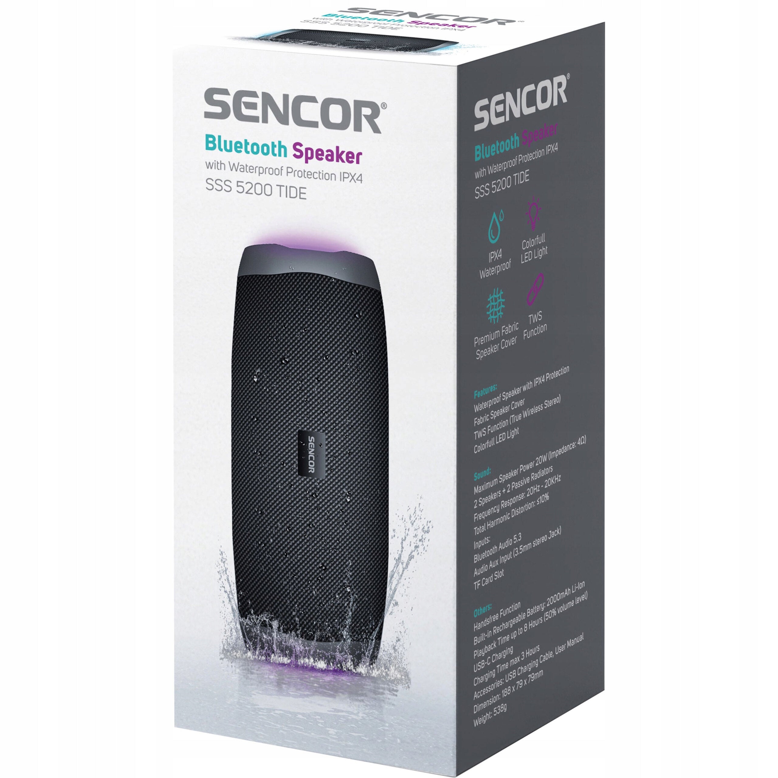 IPX4 WATERPROOF Bluetooth Speaker Sencor SSS 5200 TIDE USB-C 2000 mAh 20W Packaging status original