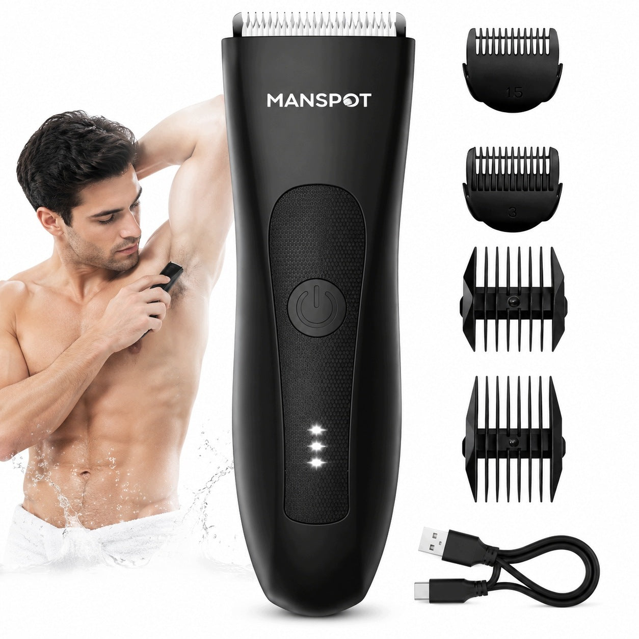 IPX7 Men's Ceramic Body Hair Trimmer, LED, USB-C Charging