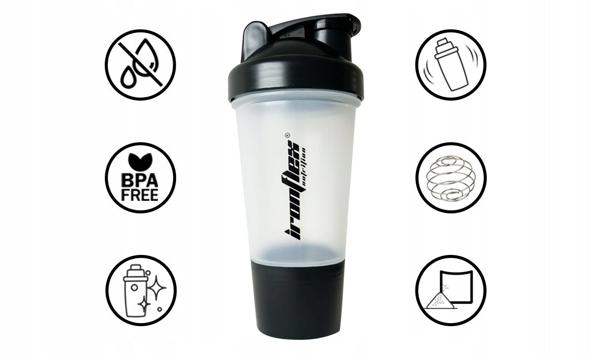 IRONFLEX SHAKER 500 ml SHAKER WITH PROTEIN CONTAINER FOR SEALED NUTRIENTS Color white