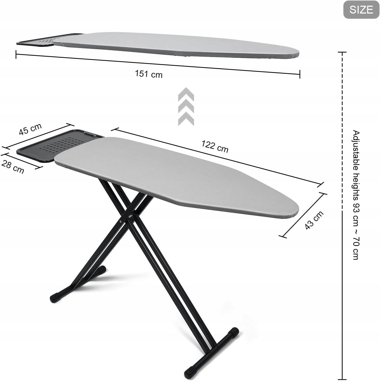 IRONING BOARD 43X122CM LARGE STABLE ADJUSTABLE METAL HEIGHT Brand no brand