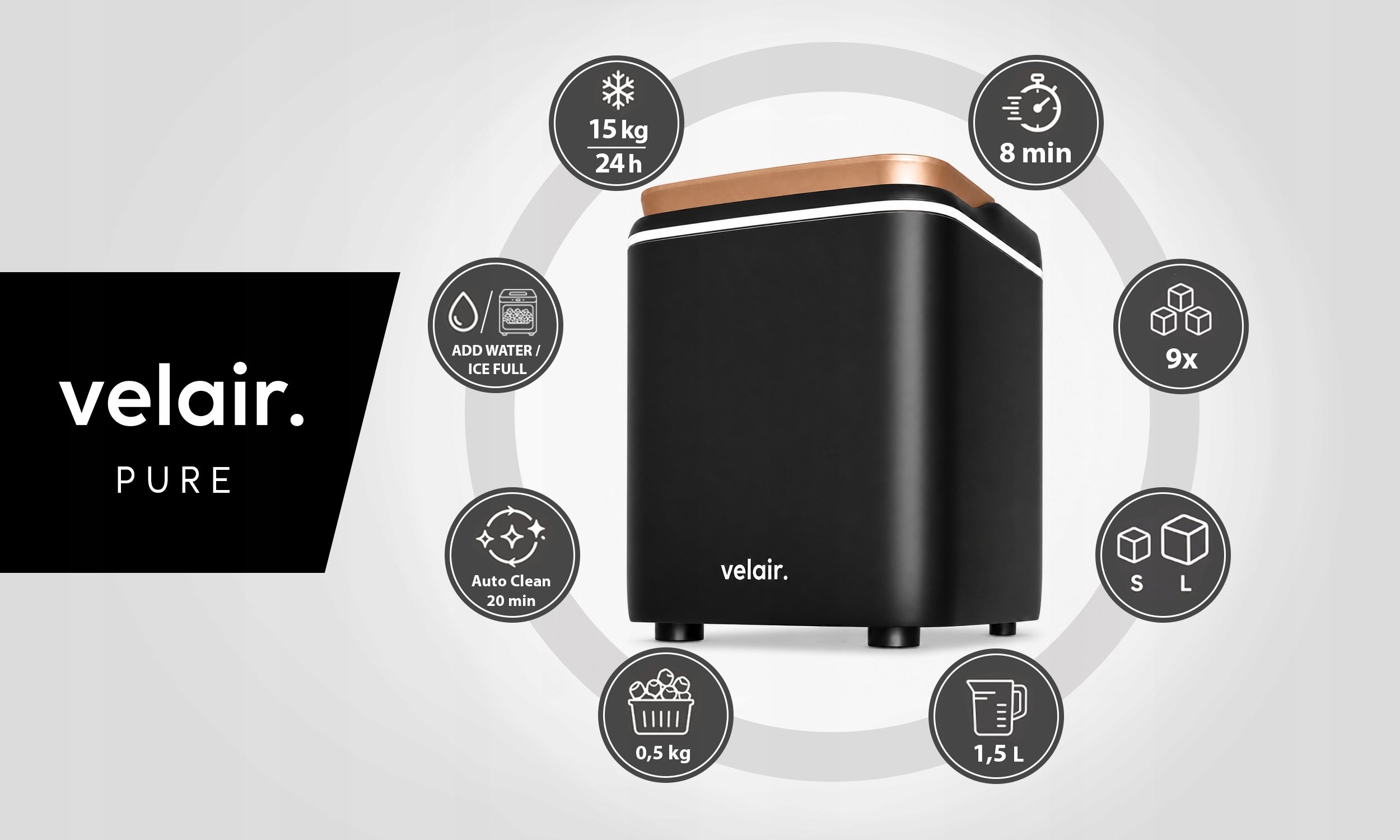 Ice maker VELAIR PURE black 140W 15kg/day + GUIDE FREEBIE! Packaging status original
