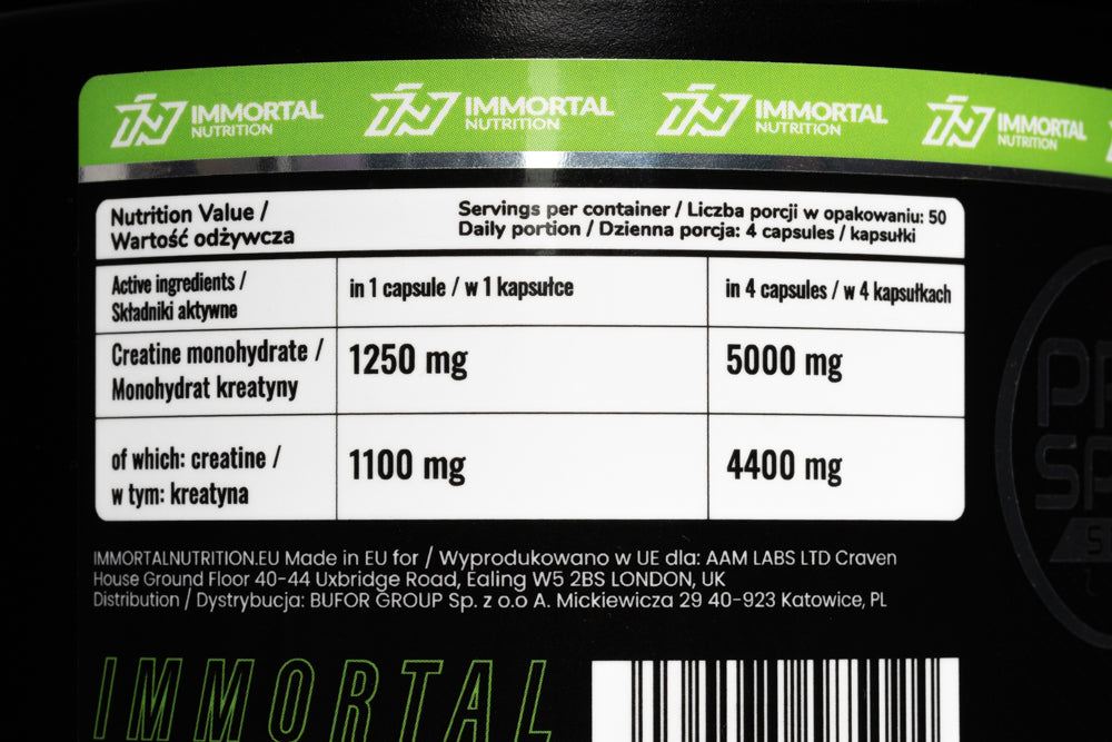 Immortal Creatine Monohydrate 1250mg 200caps CREATINE MONOHYDRATE MEGA CAPS Packaging status original