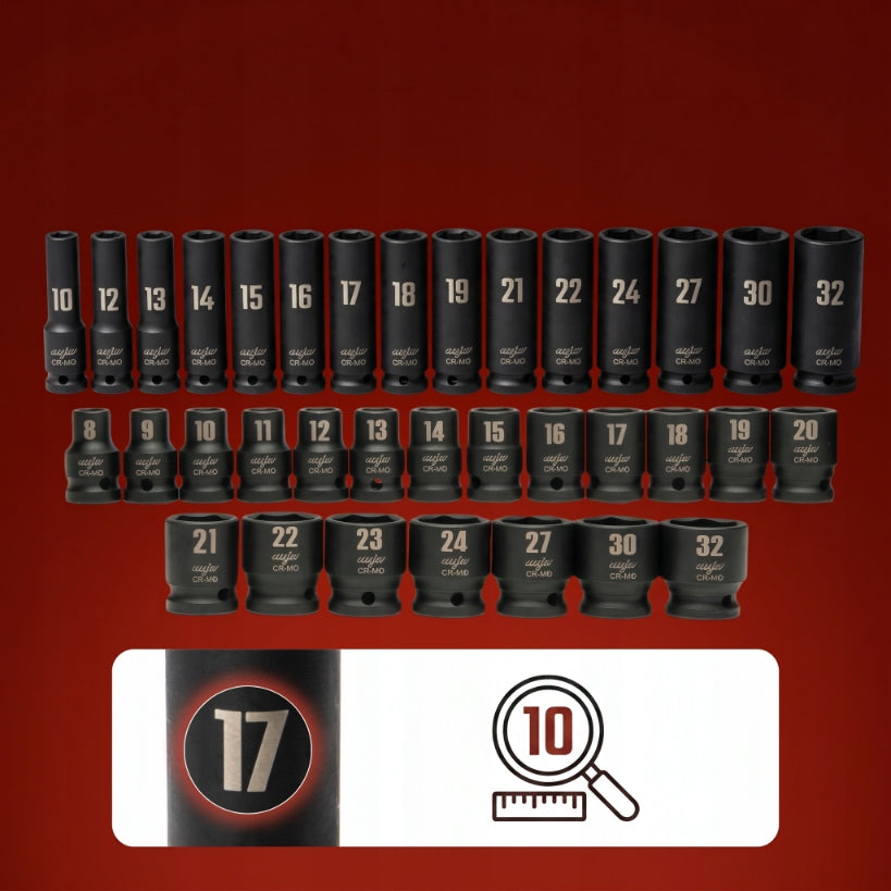 Impact Socket Set 1/2 Long Short 35 PCS 6-Angle 8-32 Brand MJW