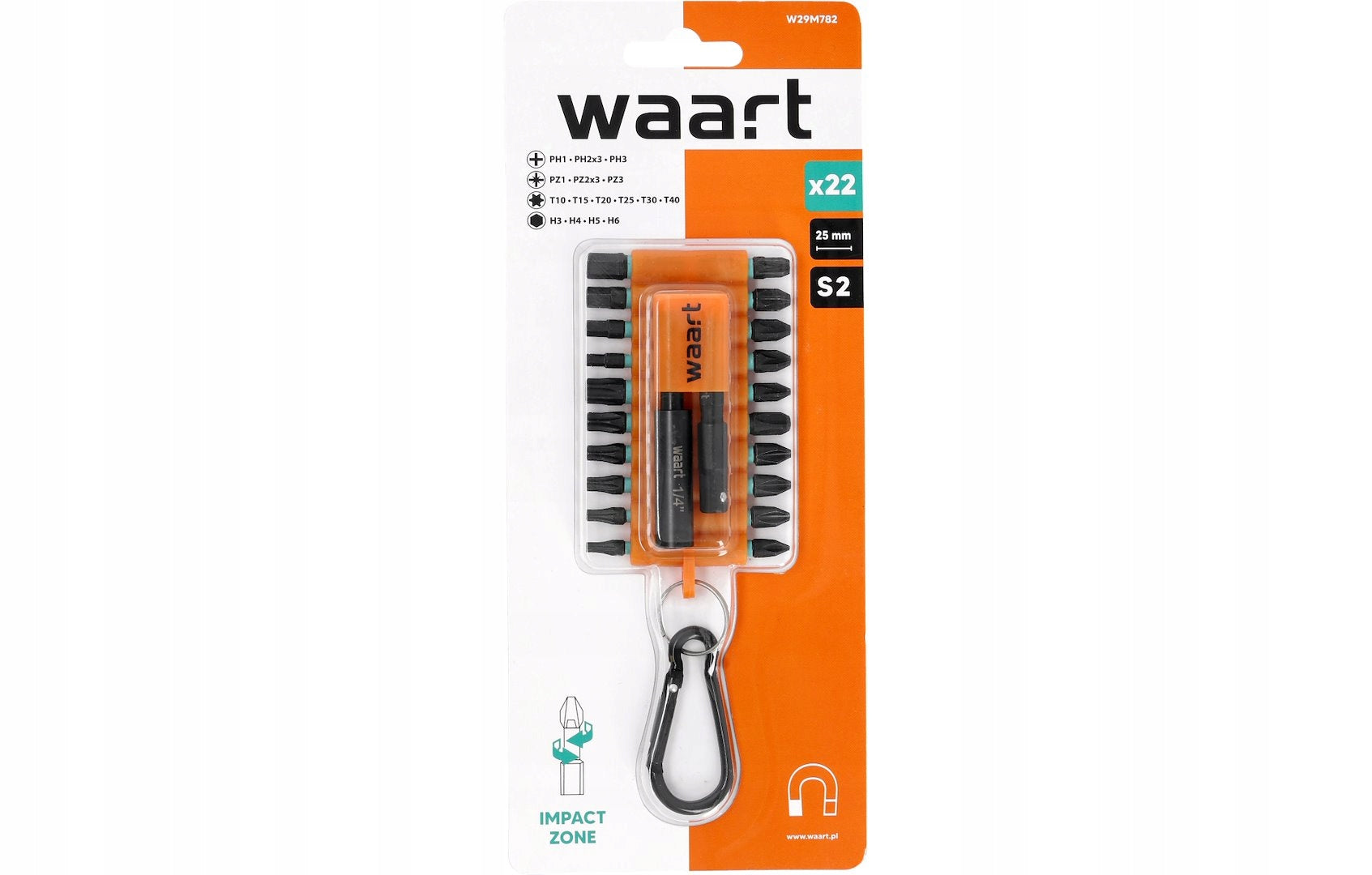 Impact tip set PZ PH TORX 22 pcs, S2 with carabiner WAART Brand Waart